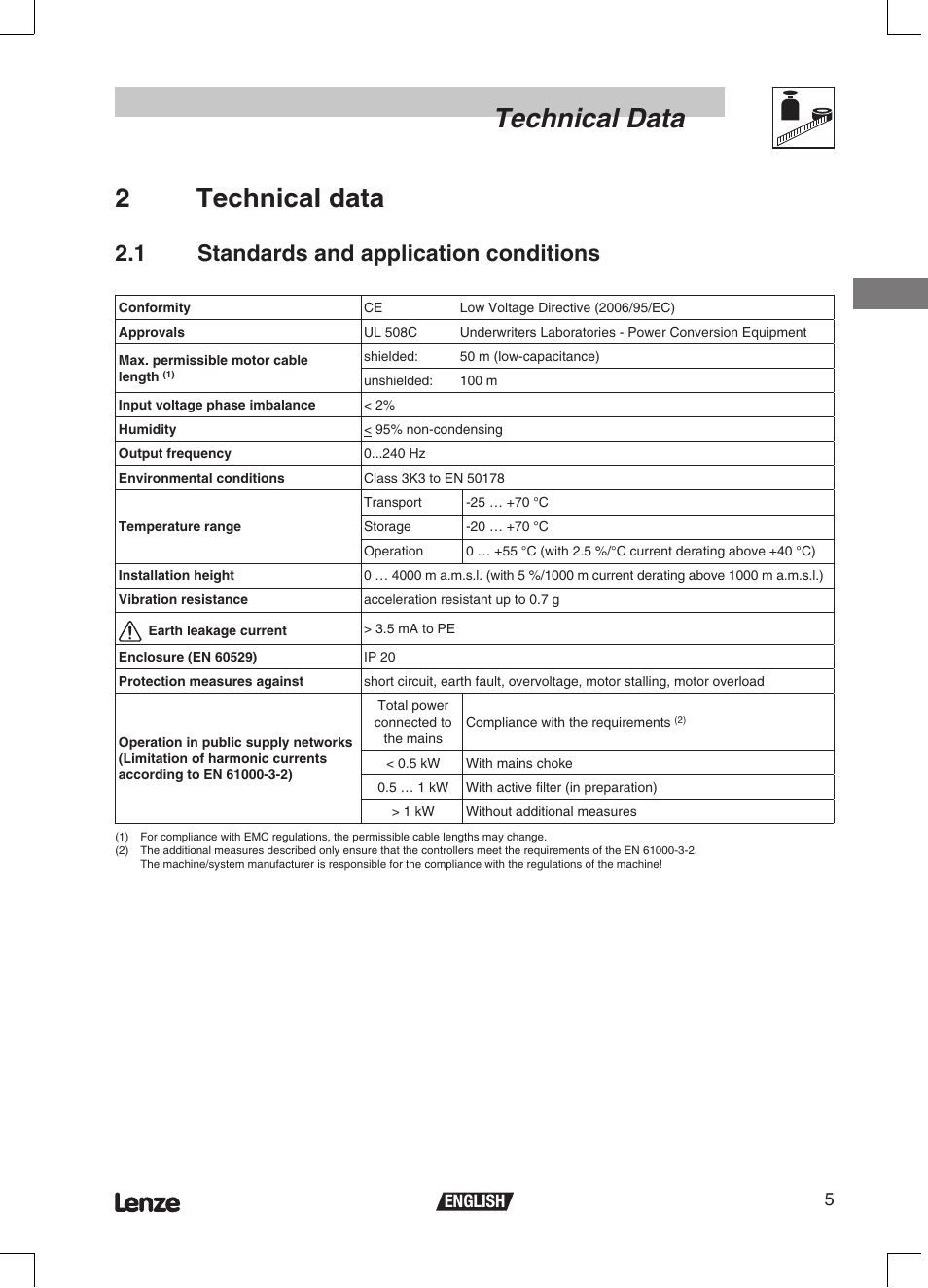 Technical data, 2technical data, 1 standards and application conditions | 5english | Lenze ETMD Tmd frequency inverter User Manual | Page 6 / 114