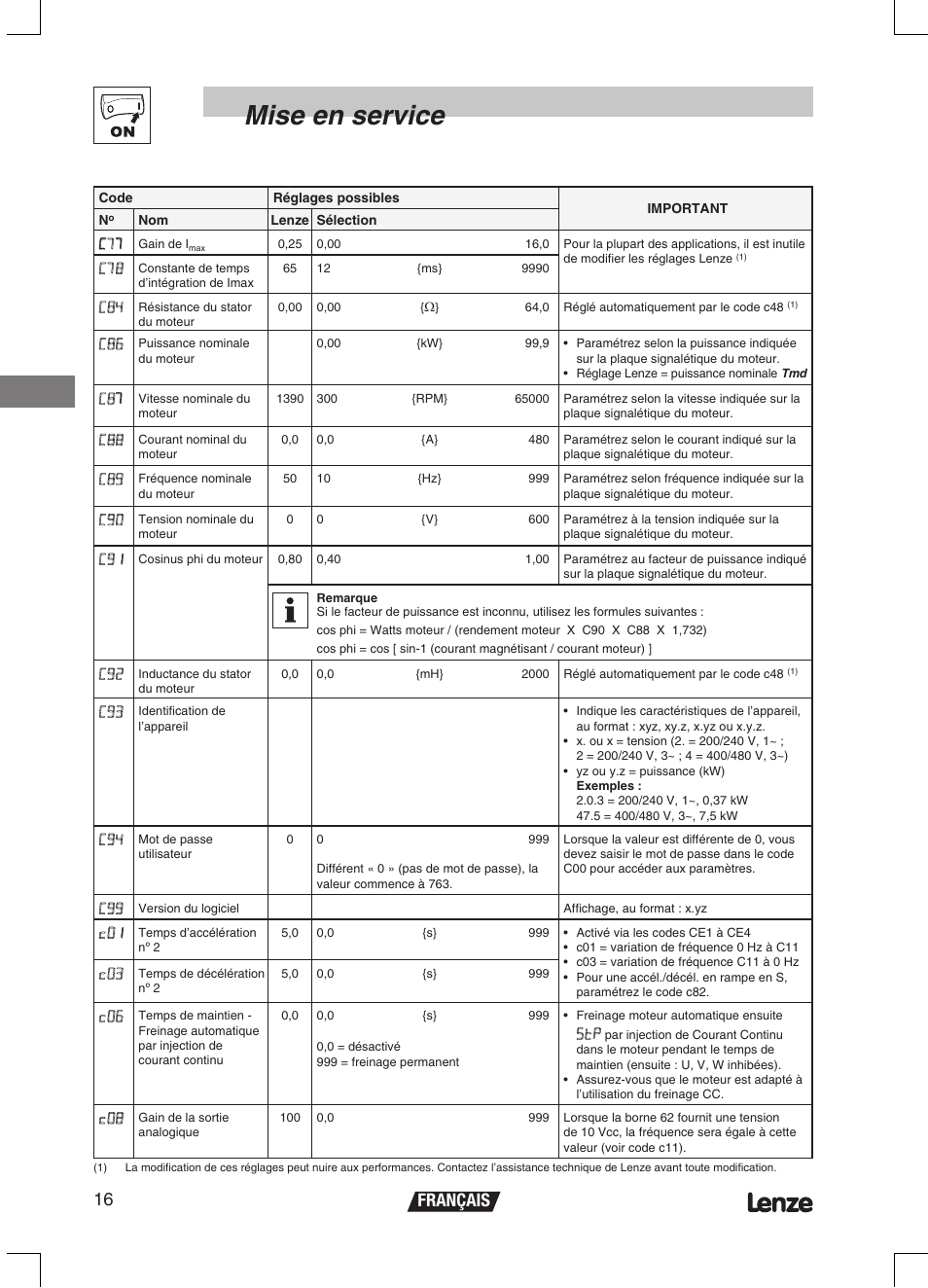 Mise en service, Français 16 | Lenze ETMD Tmd frequency inverter User Manual | Page 61 / 114