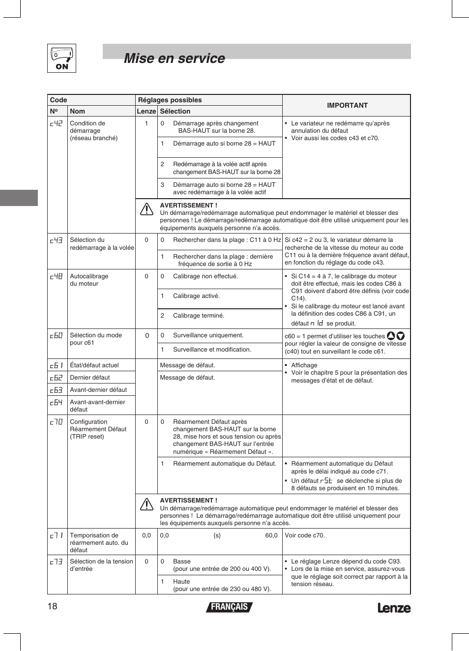 Mise en service, Français 18 | Lenze ETMD Tmd frequency inverter User Manual | Page 63 / 114