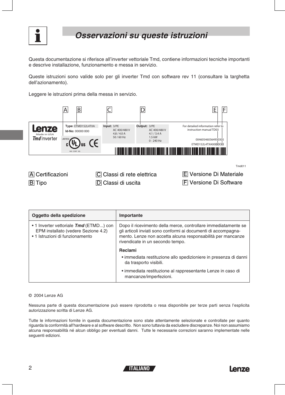 Osservazioni su queste istruzioni, Italiano 2 | Lenze ETMD Tmd frequency inverter User Manual | Page 71 / 114