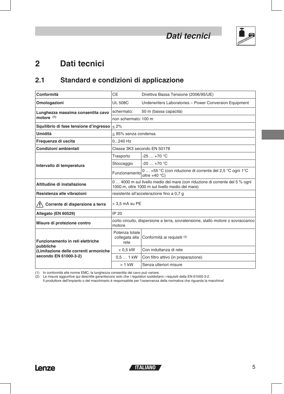 Dati tecnici, 2dati tecnici, 1 standard e condizioni di applicazione | Italiano 5 | Lenze ETMD Tmd frequency inverter User Manual | Page 74 / 114