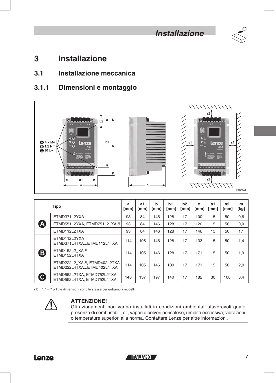 Installazione, 3installazione, Italiano 7 | Attenzione | Lenze ETMD Tmd frequency inverter User Manual | Page 76 / 114