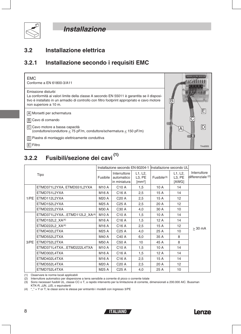 Installazione, Italiano 8, Bc d a e | Lenze ETMD Tmd frequency inverter User Manual | Page 77 / 114