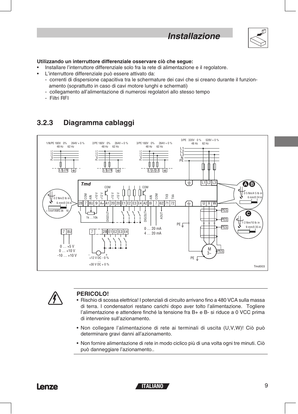 Installazione, 3 diagramma cablaggi, Italiano 9 | Pericolo | Lenze ETMD Tmd frequency inverter User Manual | Page 78 / 114