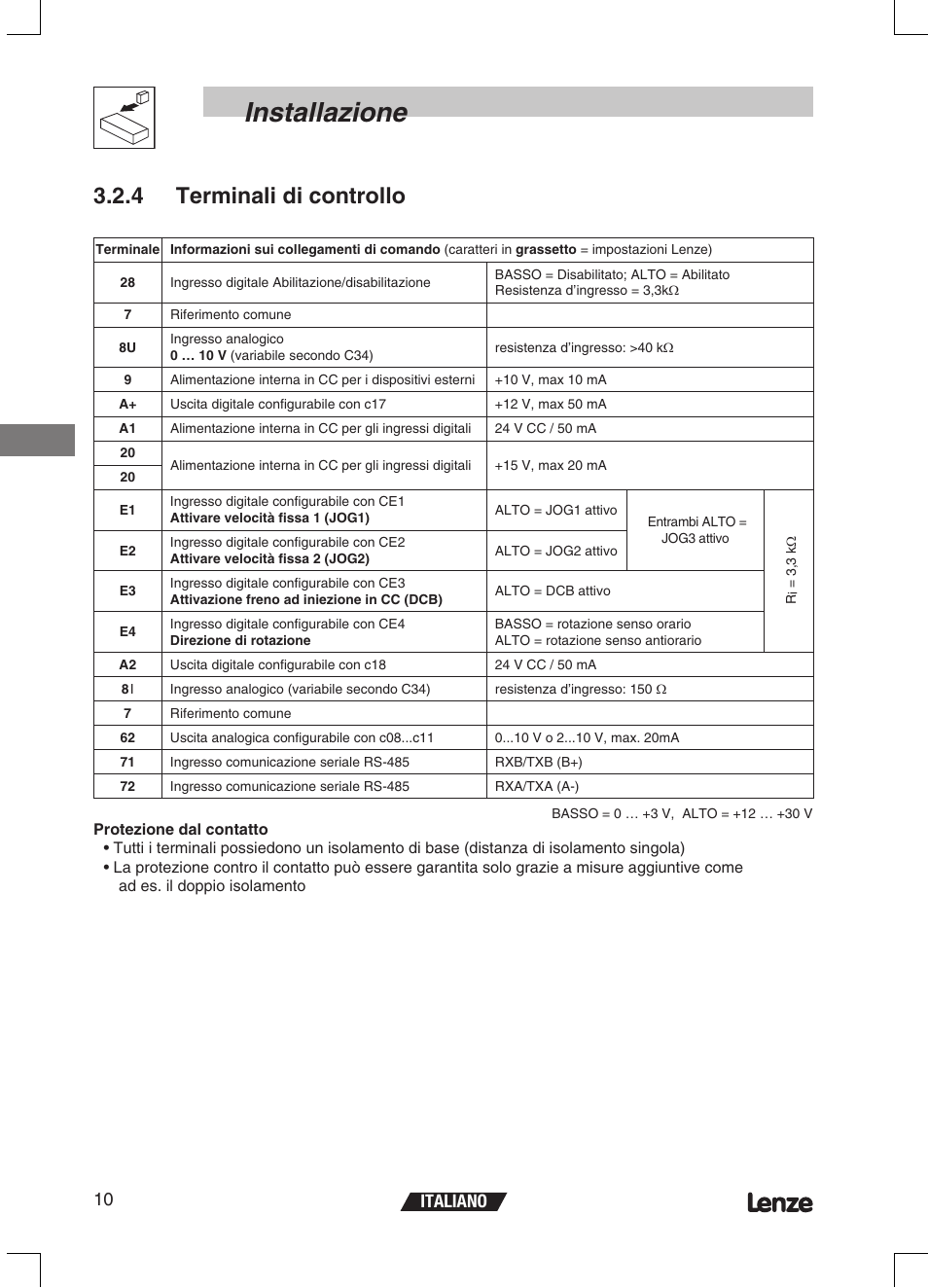 Installazione, 4 terminali di controllo, Italiano 10 | Lenze ETMD Tmd frequency inverter User Manual | Page 79 / 114