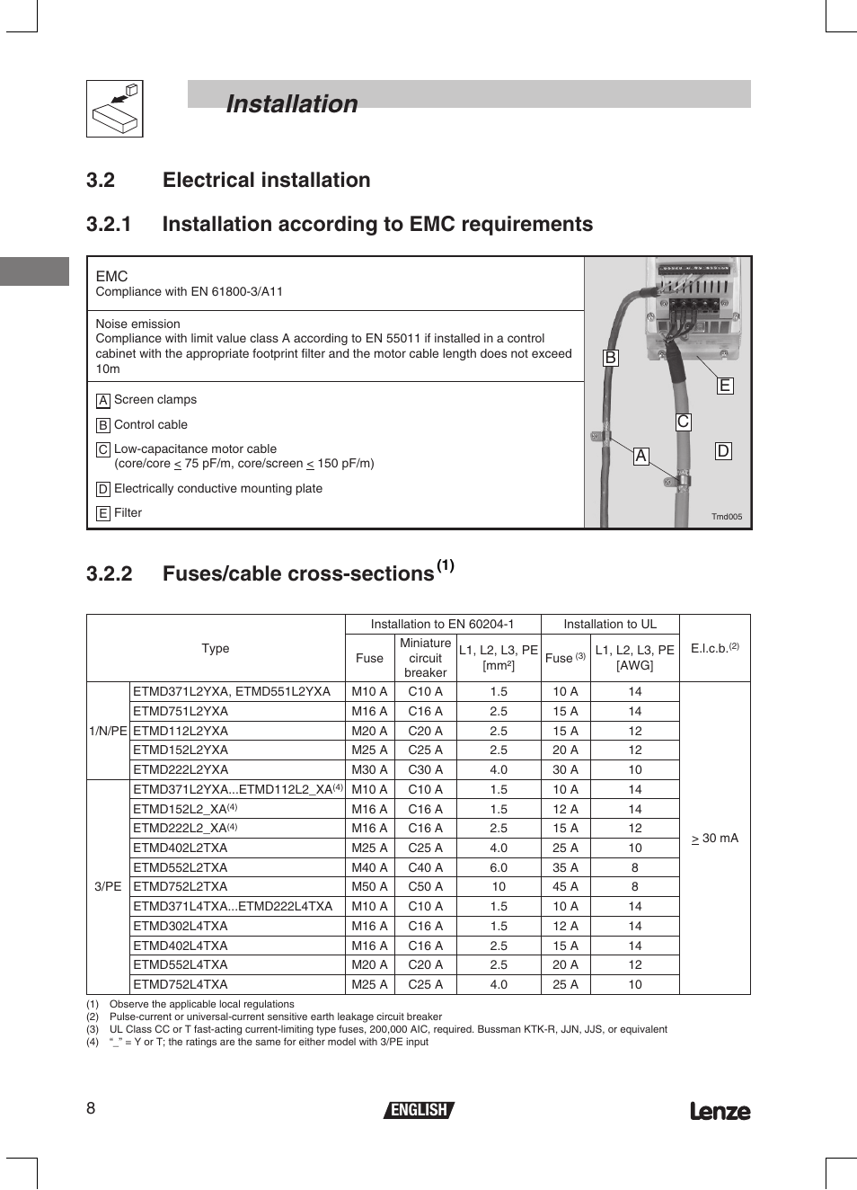 Installation, 8english, Bc d a e | Lenze ETMD Tmd frequency inverter User Manual | Page 9 / 114