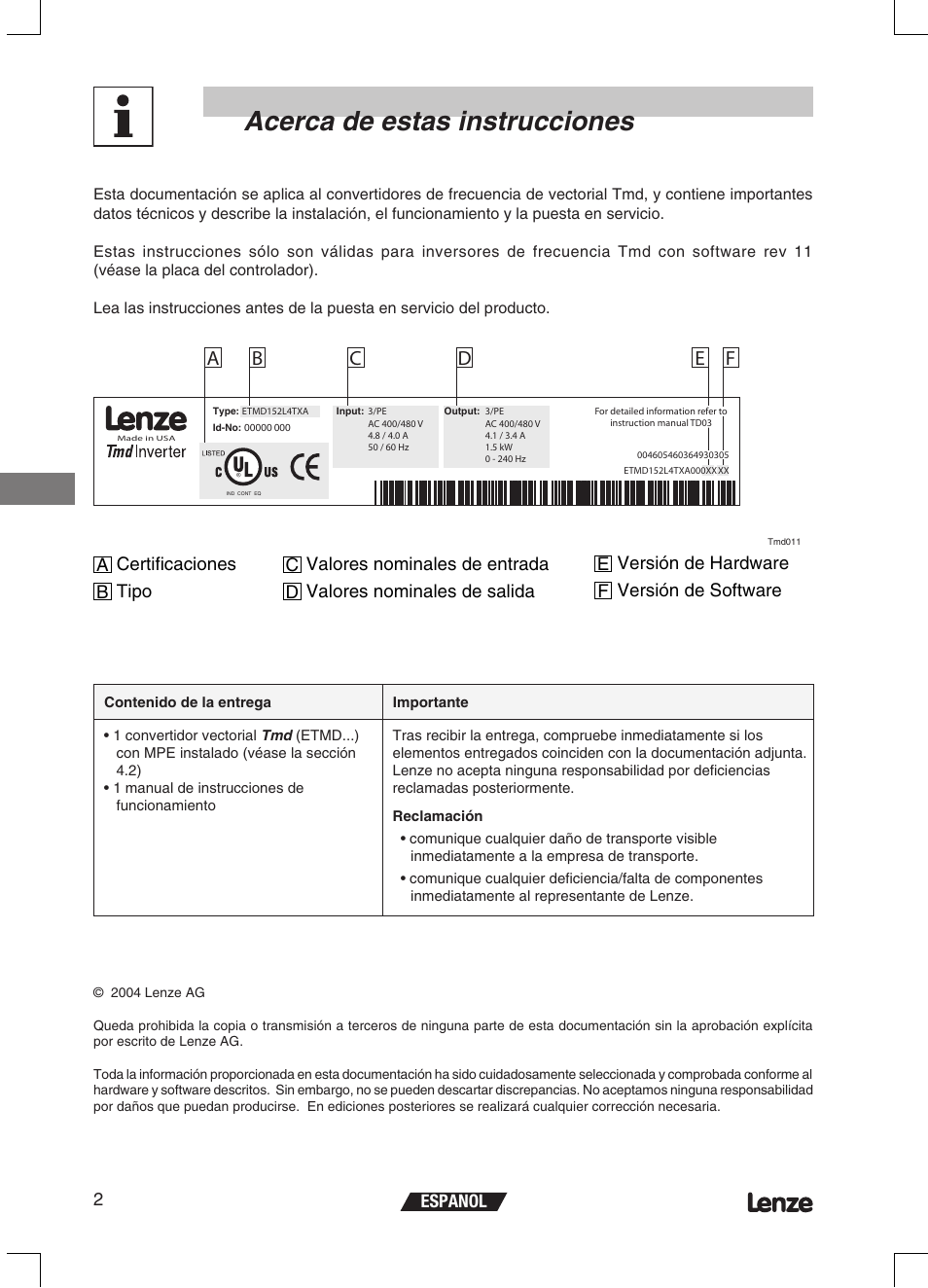 Acerca de estas instrucciones, Espanol 2 | Lenze ETMD Tmd frequency inverter User Manual | Page 93 / 114