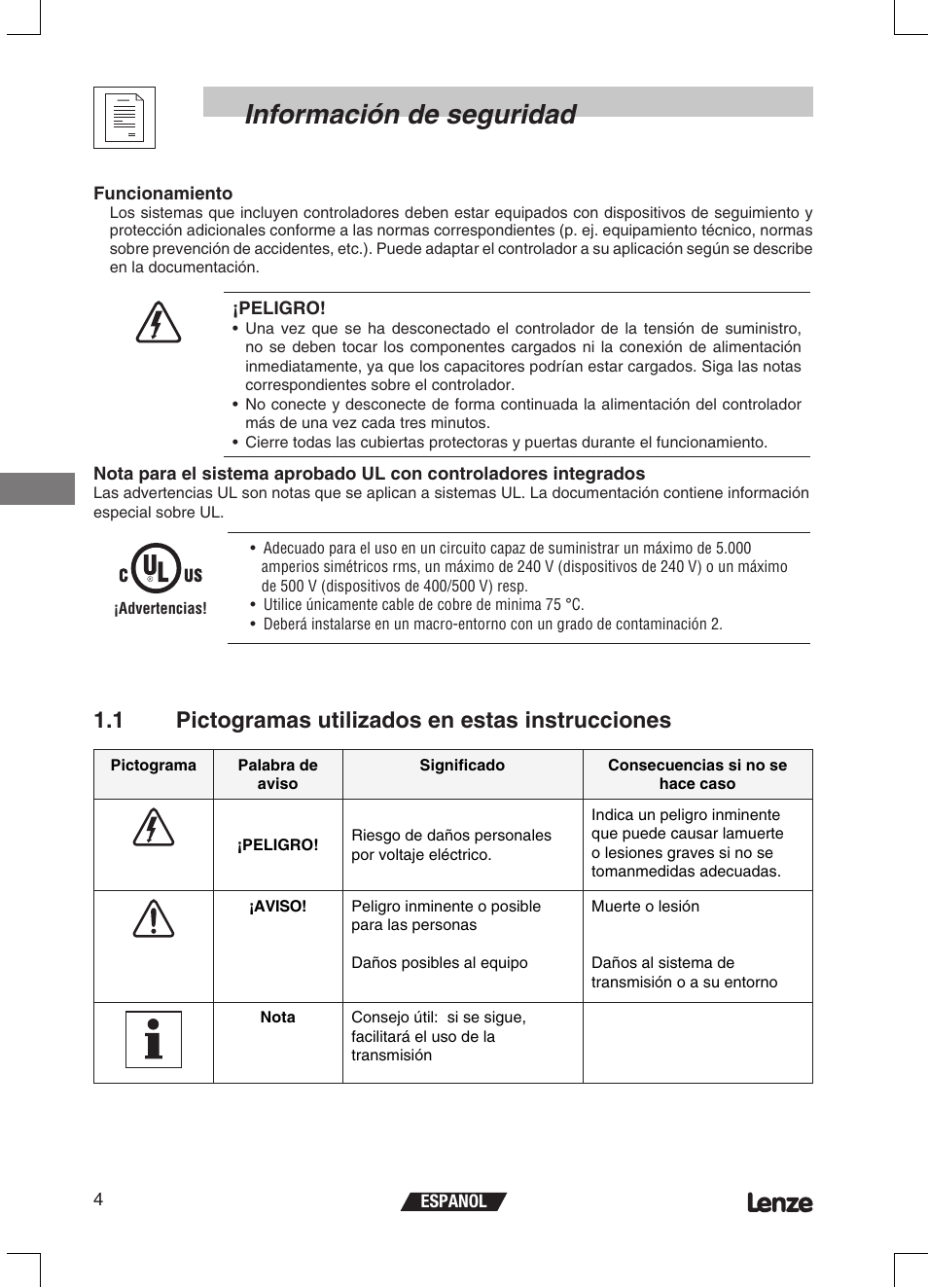 Información de seguridad, 1 pictogramas utilizados en estas instrucciones | Lenze ETMD Tmd frequency inverter User Manual | Page 95 / 114