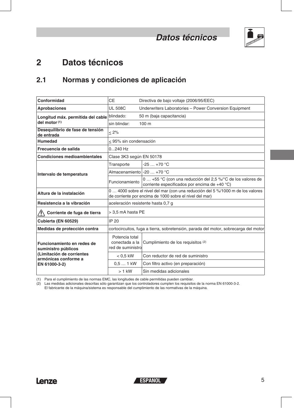 Datos técnicos, 2datos técnicos, 1 normas y condiciones de aplicación | Espanol 5 | Lenze ETMD Tmd frequency inverter User Manual | Page 96 / 114