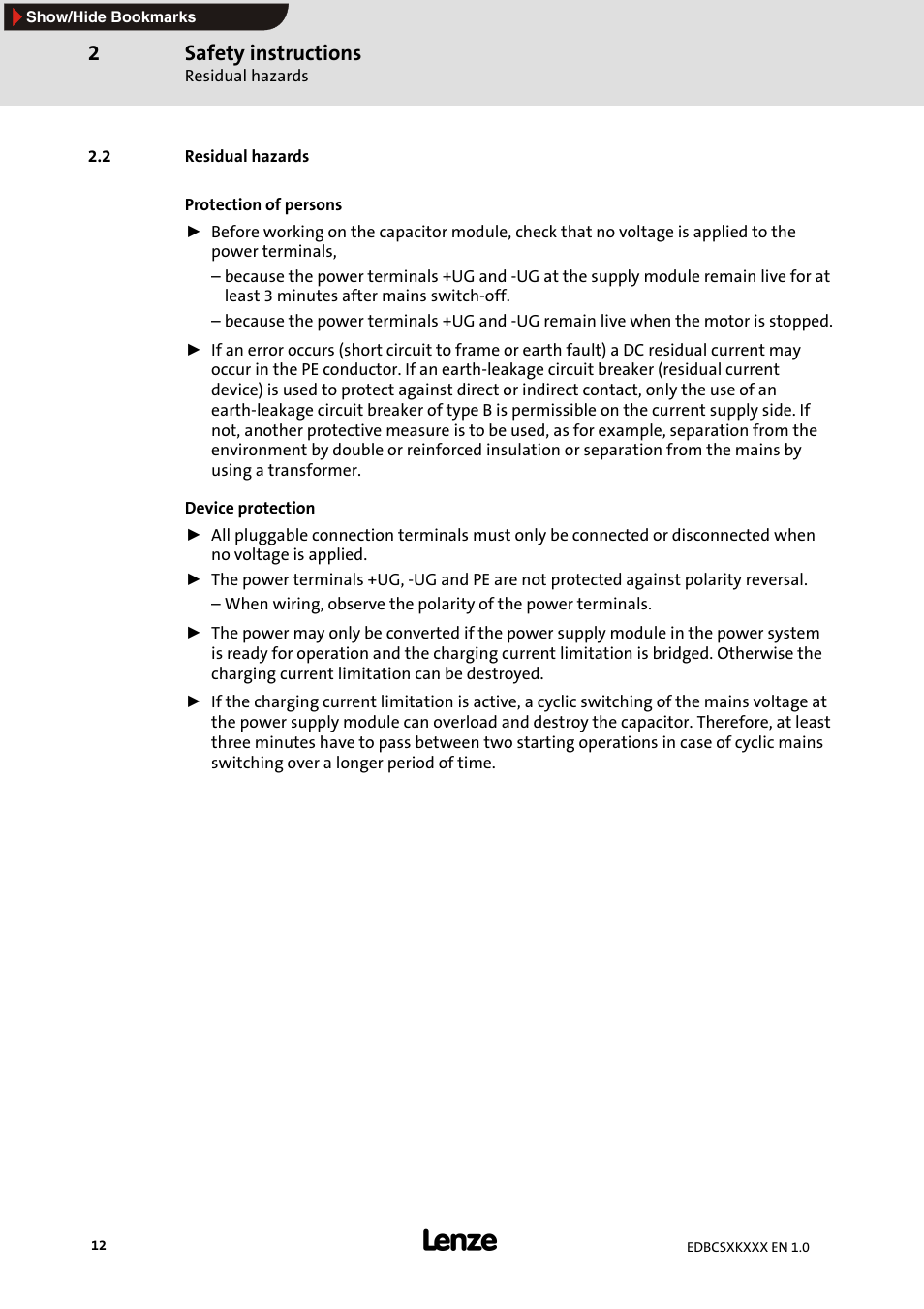 2 residual hazards, Safety instructions | Lenze ECSxK series User Manual | Page 12 / 40