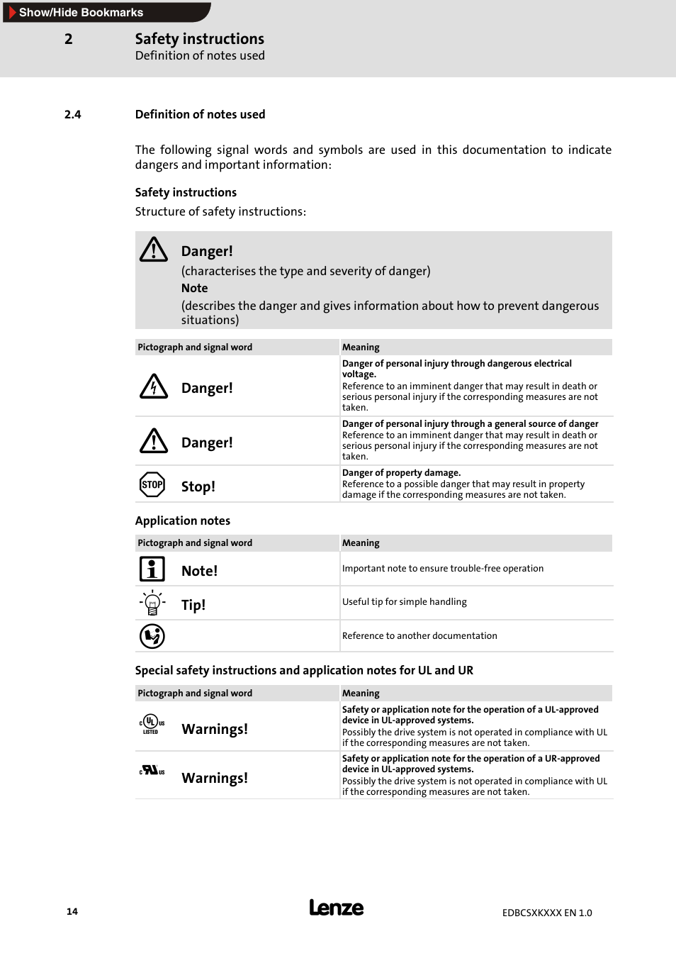 4 definition of notes used | Lenze ECSxK series User Manual | Page 14 / 40