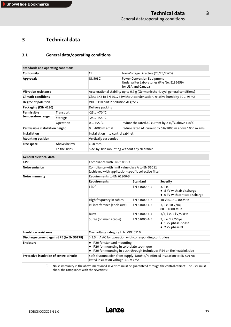 3 technical data, 1 general data/ operating conditions, Technical data | 1 general data/operating conditions, 3technical data, General data/operating conditions | Lenze ECSxK series User Manual | Page 15 / 40