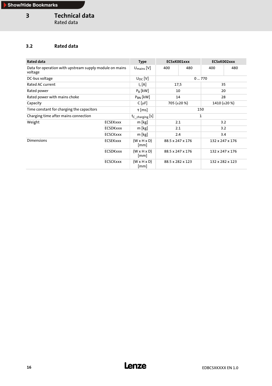 2 rated data, Technical data, Rated data | Lenze ECSxK series User Manual | Page 16 / 40