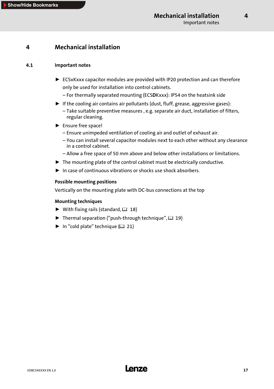 4 mechanical installation, 1 important notes, Mechanical installation | 4mechanical installation | Lenze ECSxK series User Manual | Page 17 / 40