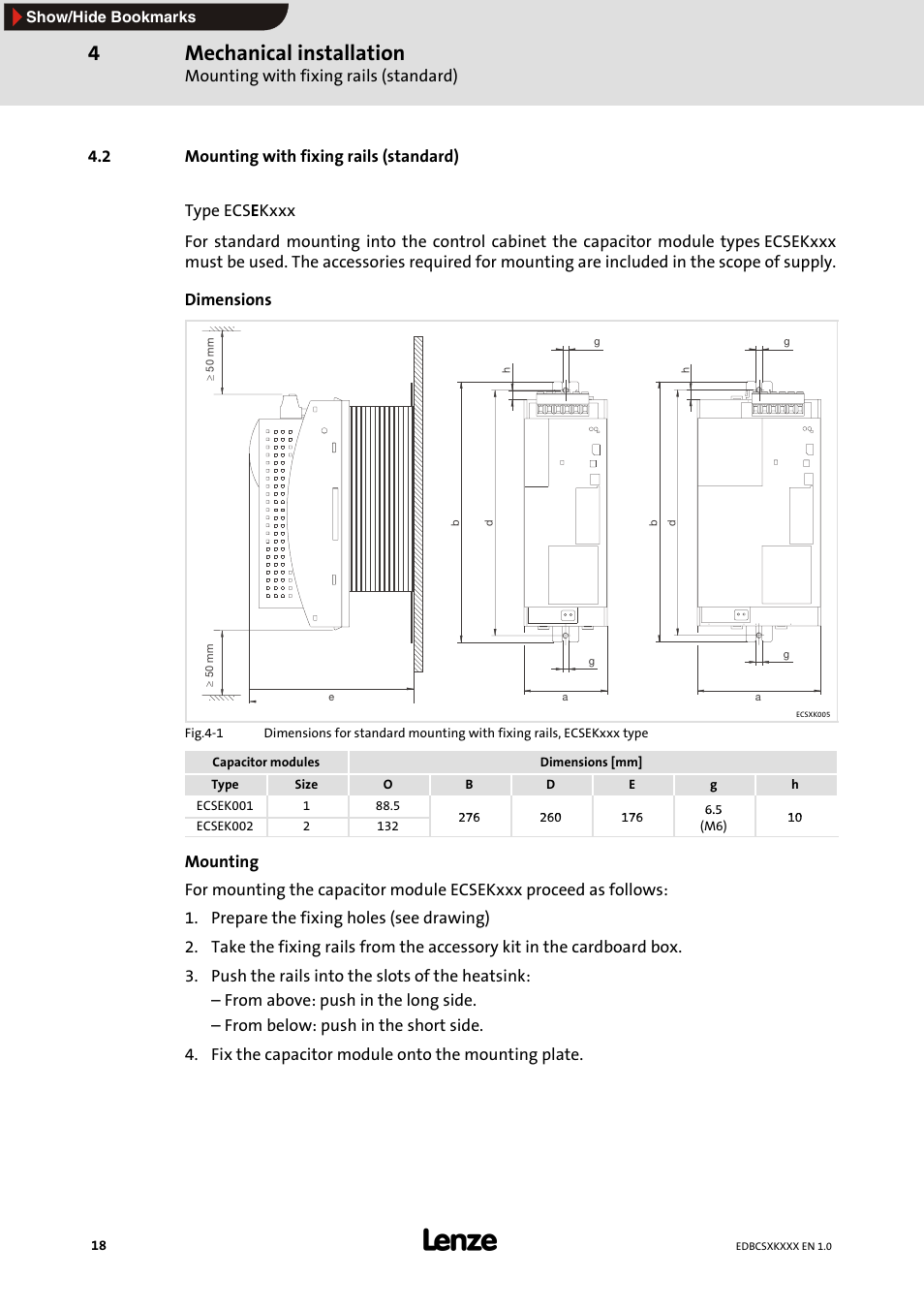 2 mounting with fixing rails (standard), Mechanical installation, Mounting with fixing rails (standard) | Lenze ECSxK series User Manual | Page 18 / 40