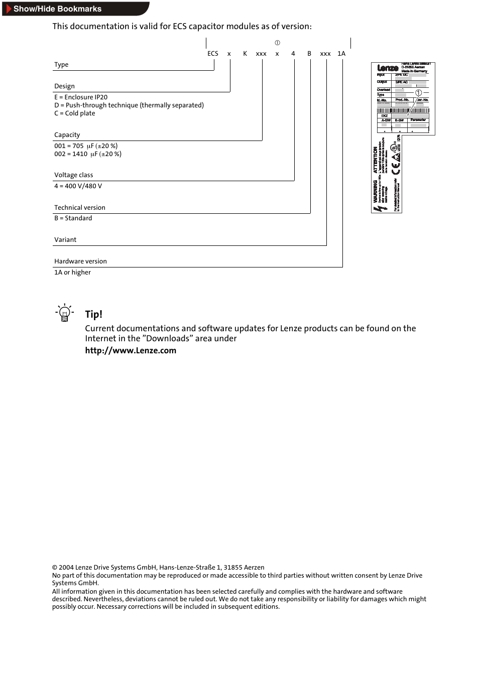 This documentation is valid for, Show/hide bookmarks, Cecs x k xxx x 4 b xxx 1a type | Design, Capacity, Voltage class, Technical version, B = standard, Variant, Hardware version | Lenze ECSxK series User Manual | Page 2 / 40