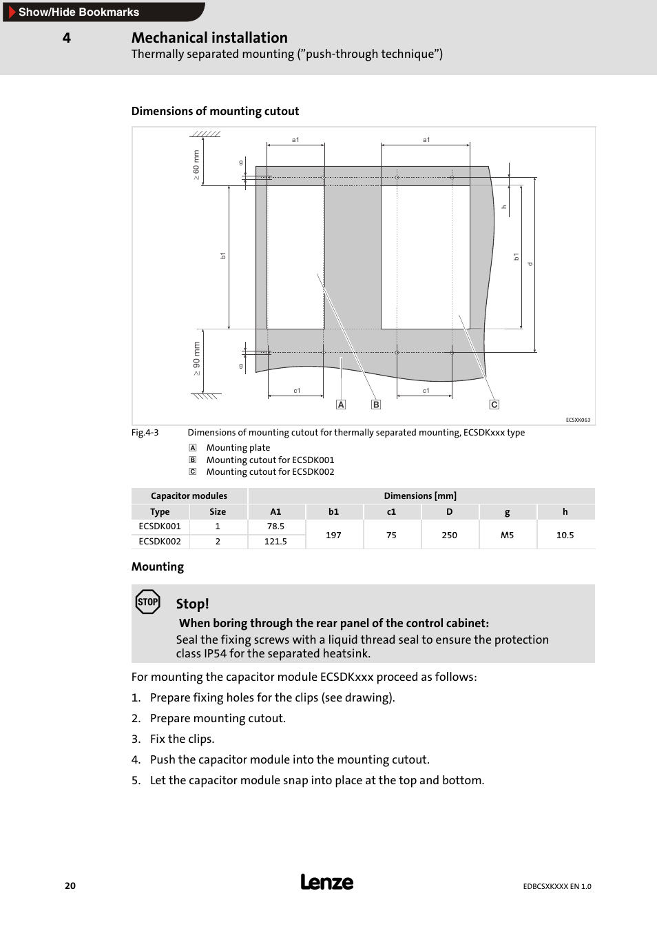 Mechanical installation, Stop | Lenze ECSxK series User Manual | Page 20 / 40