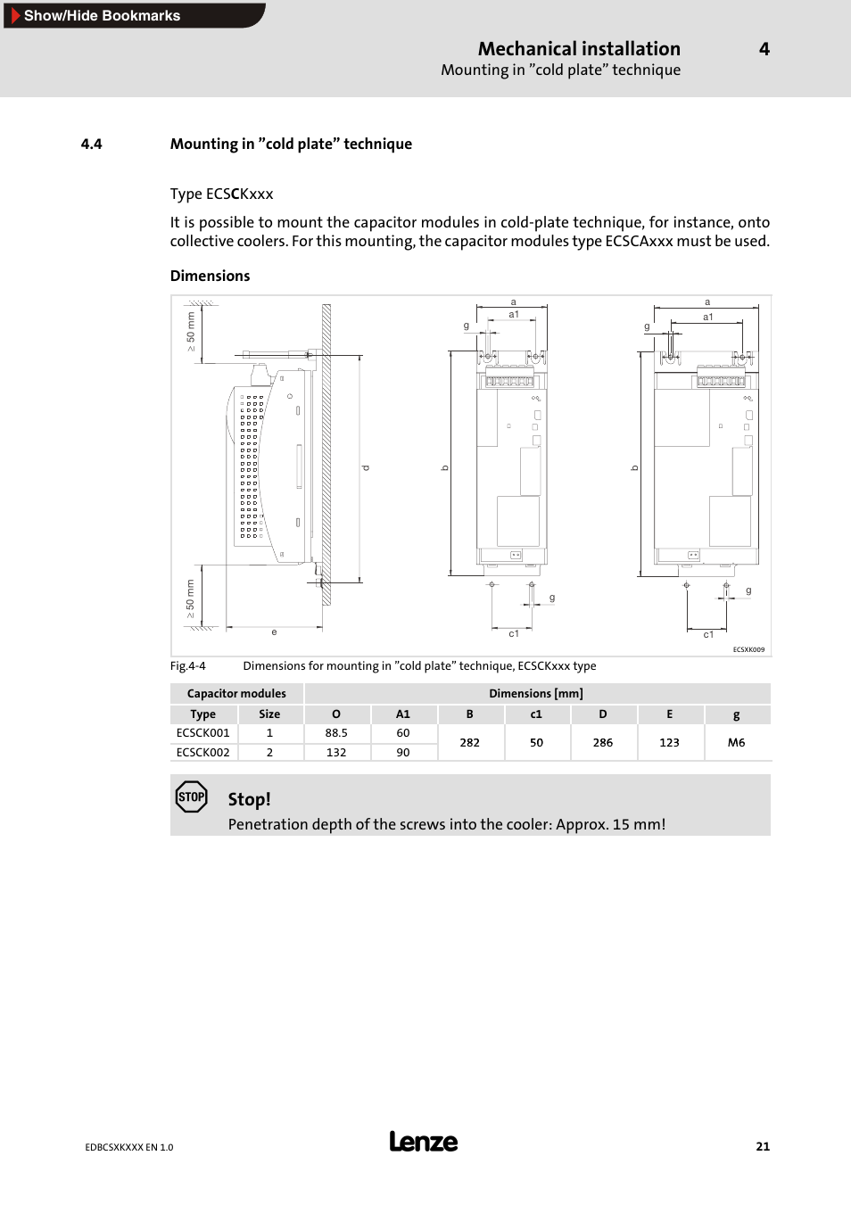 4 mounting in "cold plate" technique, 4 mounting in ”cold plate” technique, Mechanical installation | Stop | Lenze ECSxK series User Manual | Page 21 / 40