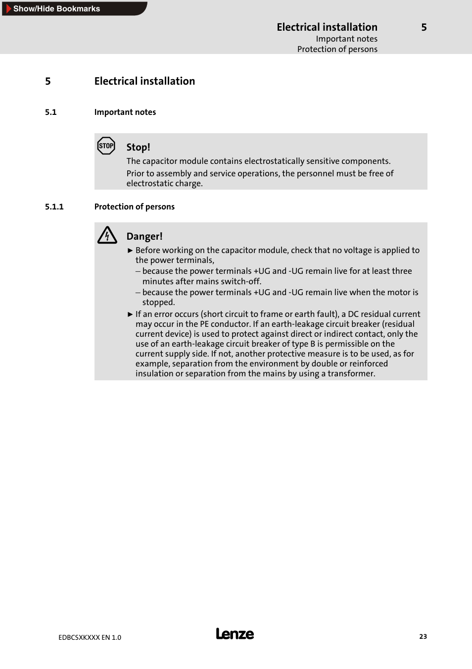 5 electrical installation, 1 important notes, 1 protection of persons | Electrical installation, Protection of persons | Lenze ECSxK series User Manual | Page 23 / 40