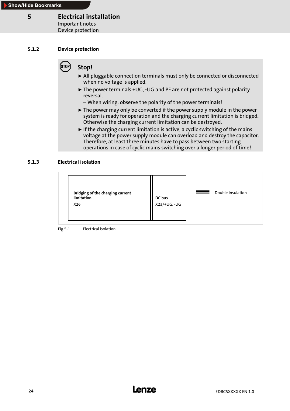 2 device protection, 3 electrical isolation, Device protection | Electrical isolation, Electrical installation | Lenze ECSxK series User Manual | Page 24 / 40