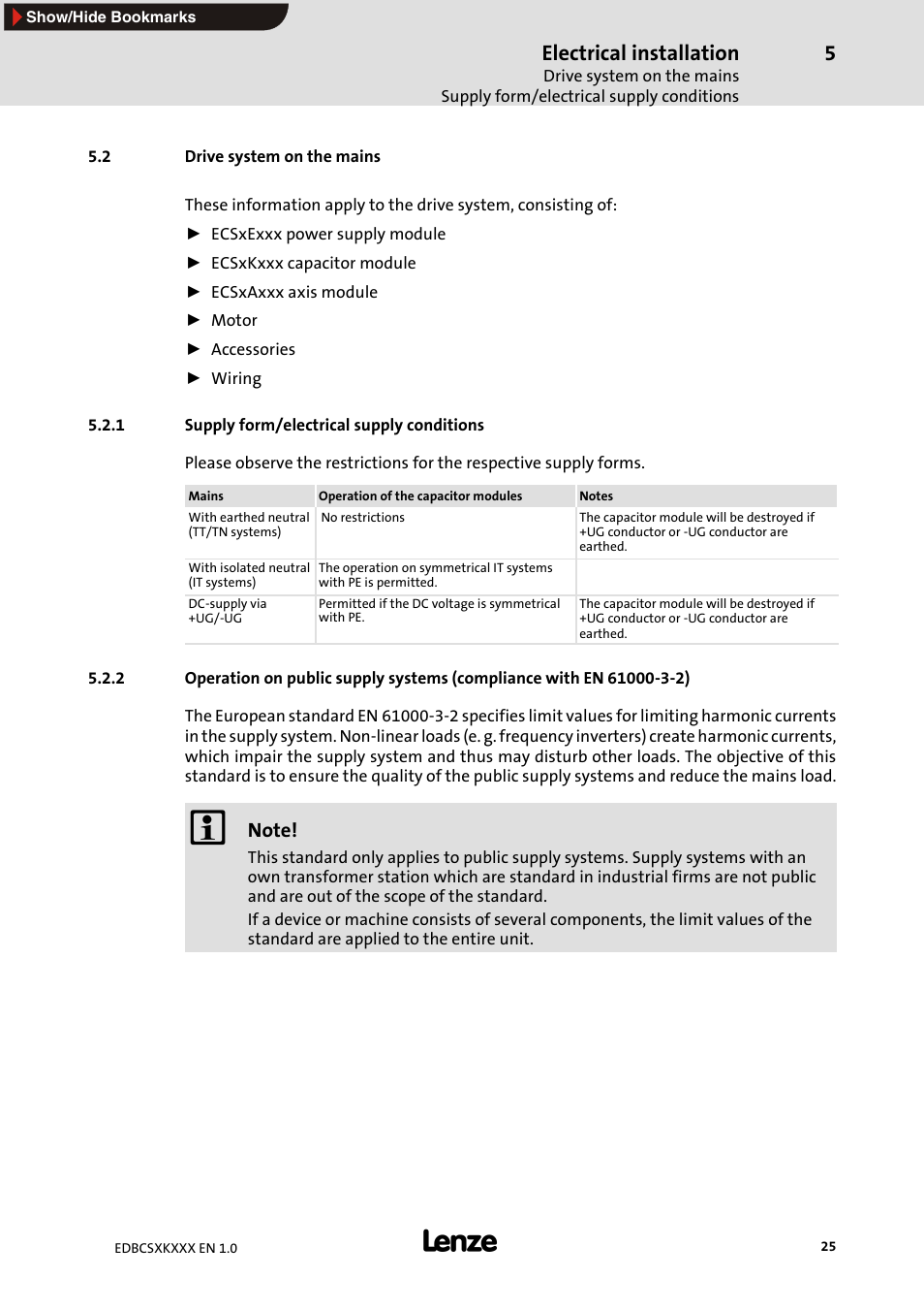 2 drive systemon the mains, 1 supply form/ electrical supply conditions, 2 drive system on the mains | Supply form/electrical supply conditions, Electrical installation | Lenze ECSxK series User Manual | Page 25 / 40