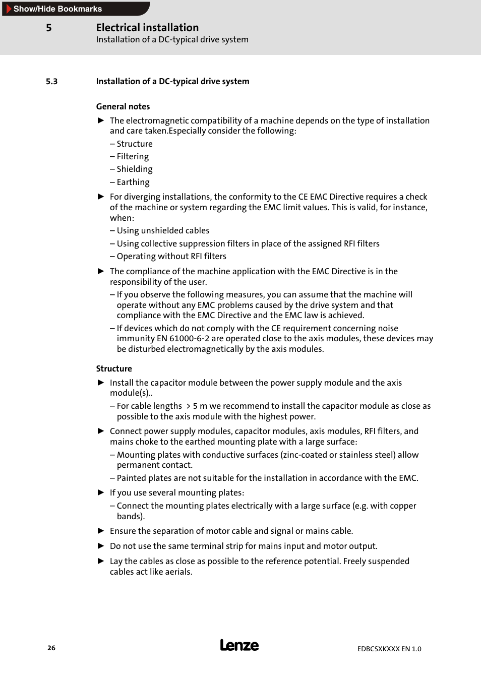 3 installation of a dc-typical drive system, Electrical installation | Lenze ECSxK series User Manual | Page 26 / 40