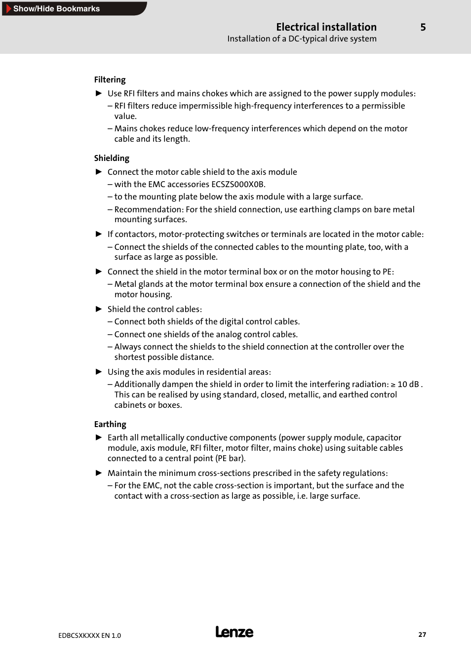 Electrical installation | Lenze ECSxK series User Manual | Page 27 / 40