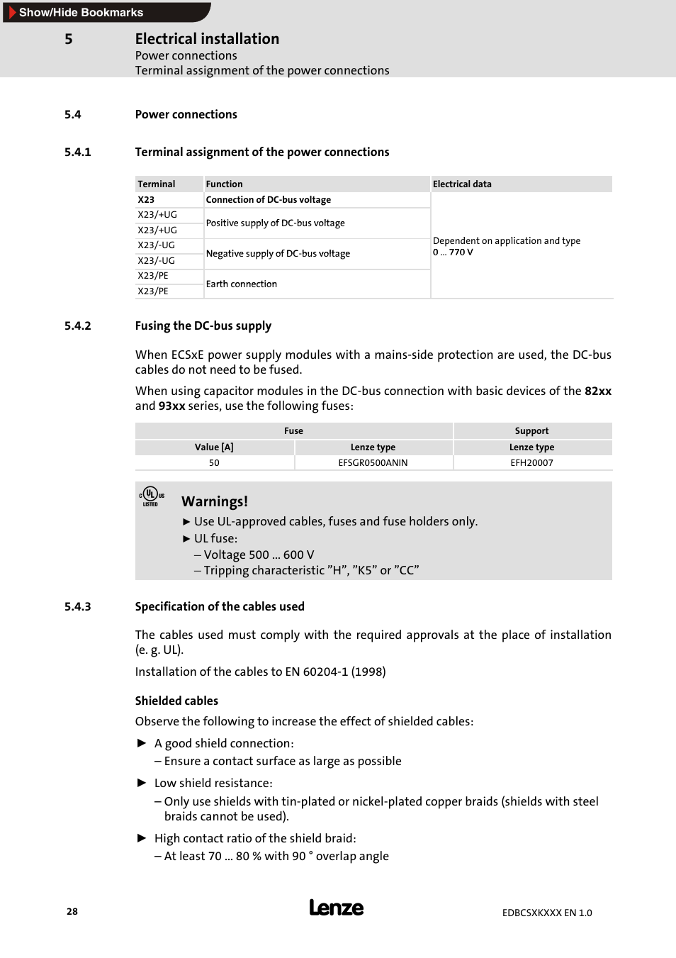 4 power connections, 1 terminal assignment of the power connections, 2 fusing the dc-bus supply | 3 specification of the cables used, Terminal assignment of the power connections, Fusing the dc-bus supply, Specification of the cables used, Electrical installation, Warnings | Lenze ECSxK series User Manual | Page 28 / 40