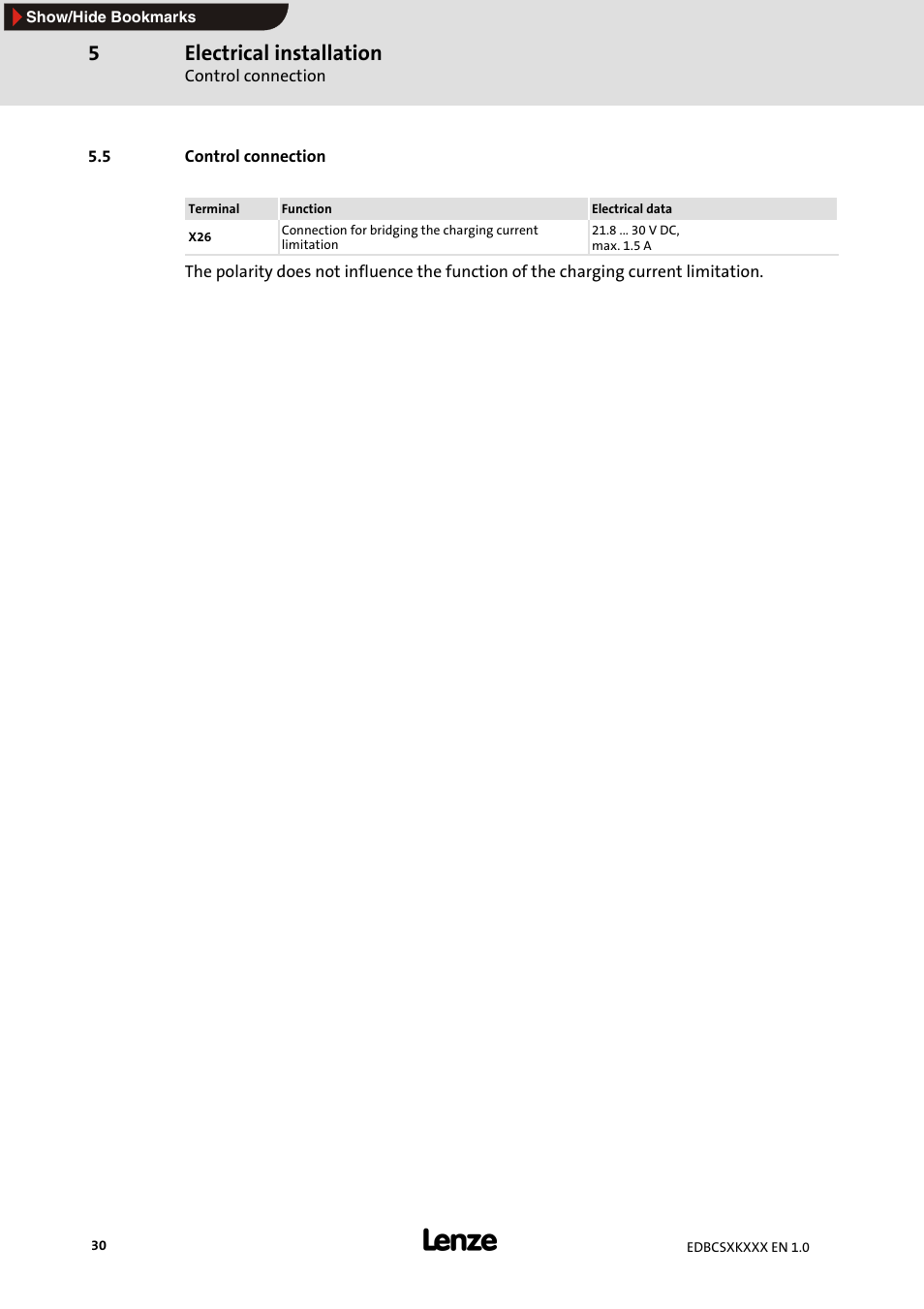 5 control connection, Electrical installation | Lenze ECSxK series User Manual | Page 30 / 40