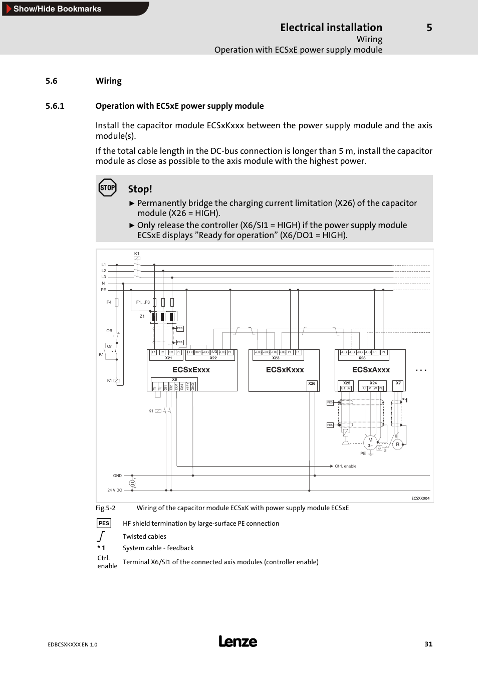 6 wiring, 1 operation with ecsxe power supply module, Operation with ecsxe power supply module | Electrical installation, Stop, Wiring operation with ecsxe power supply module, Show/hide bookmarks, Ecsxkxxx, Ecsxexxx, Ecsxaxxx | Lenze ECSxK series User Manual | Page 31 / 40