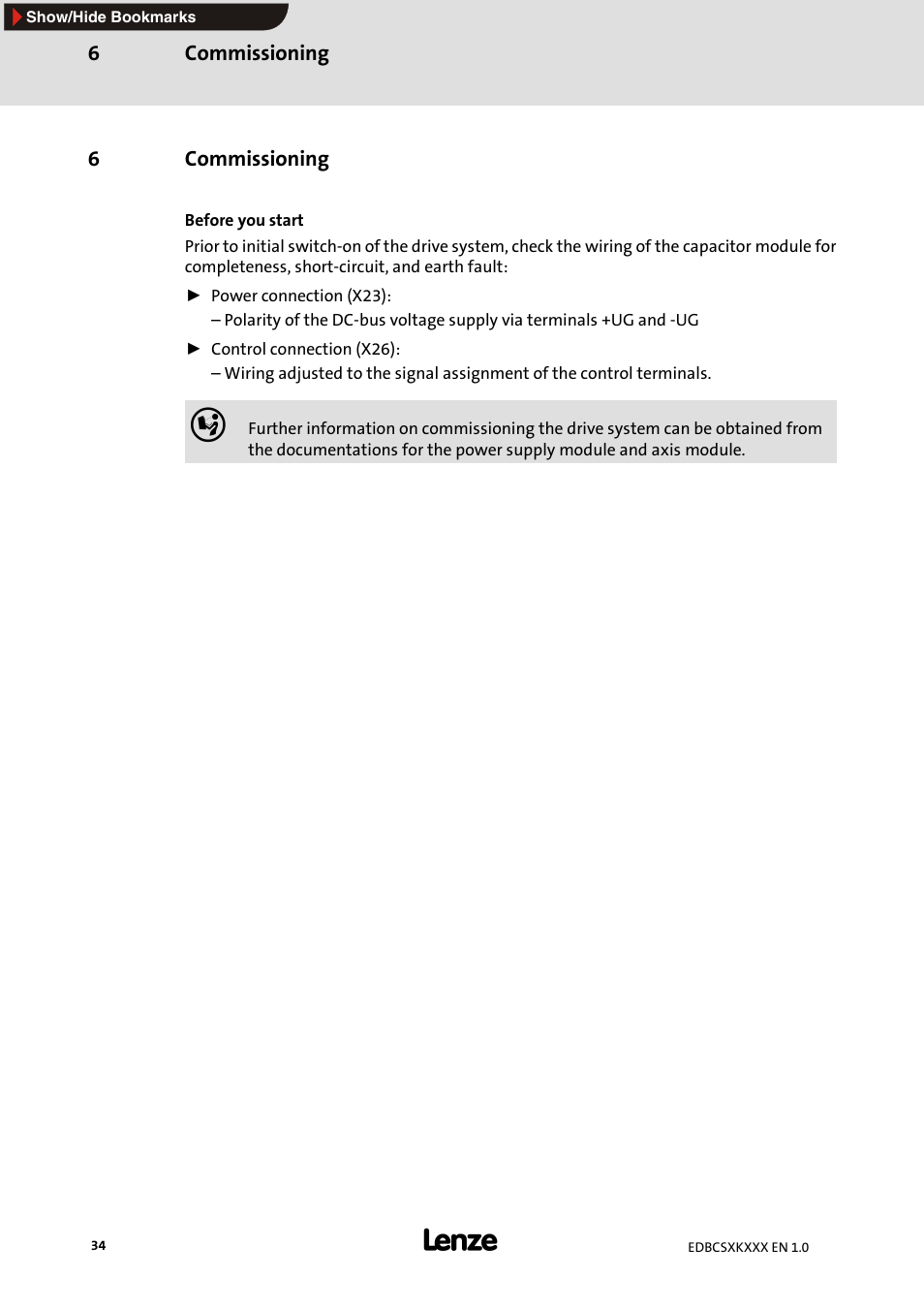 6 commissioning, Commissioning | Lenze ECSxK series User Manual | Page 34 / 40