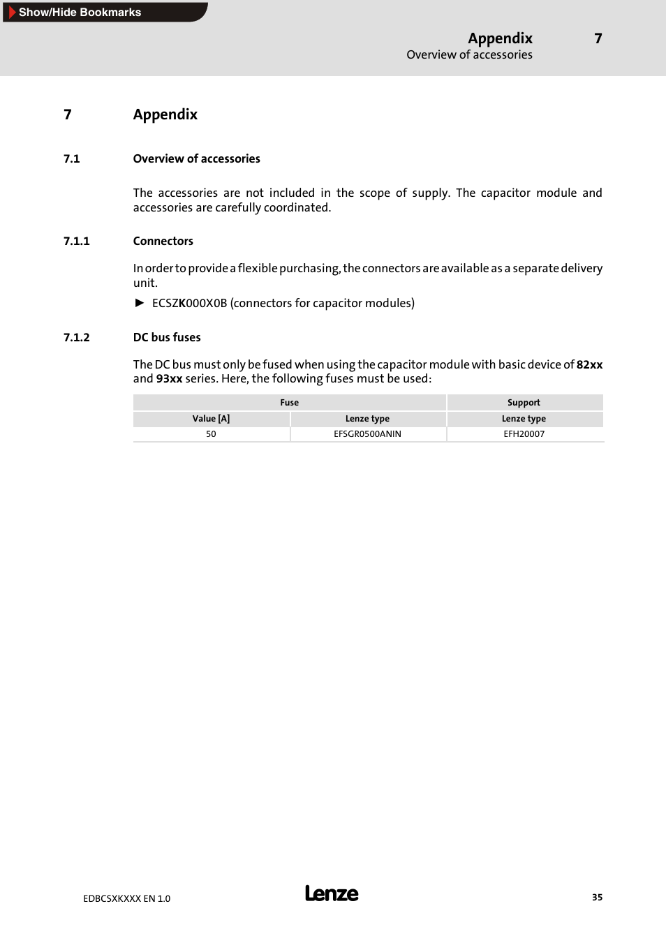 7 appendix, 1 overview of accessories, 1 connectors | 2 dc bus fuses, Appendix, Connectors, Dc bus fuses, 7appendix | Lenze ECSxK series User Manual | Page 35 / 40