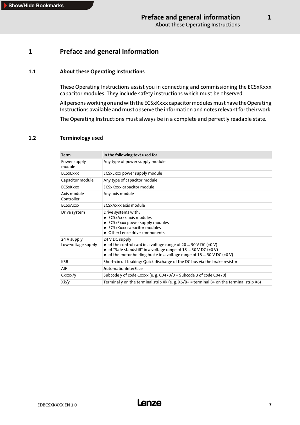 1 preface and general information, 1 about these operating instructions, 2 terminology used | Preface and general information, 1preface and general information | Lenze ECSxK series User Manual | Page 7 / 40