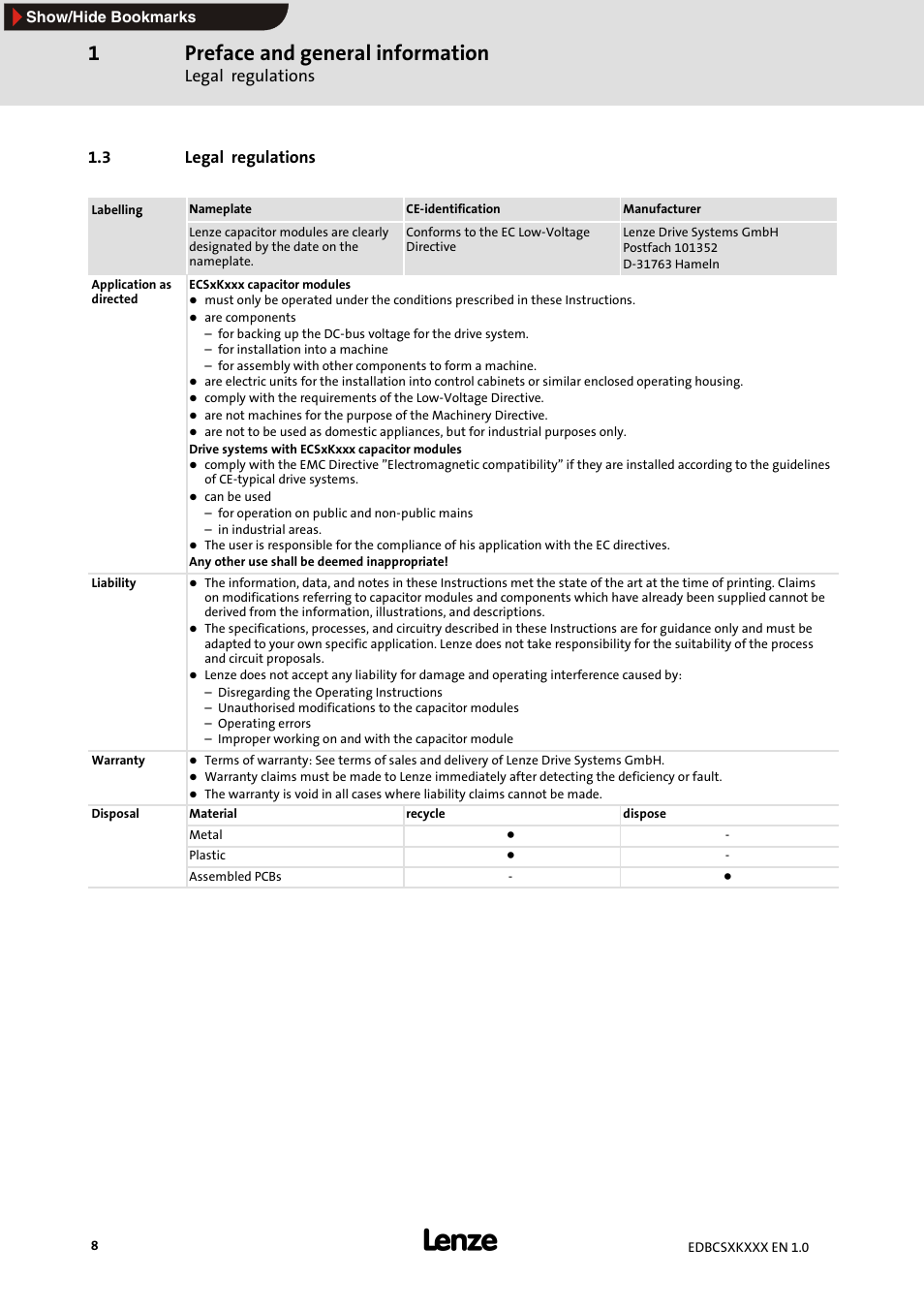 3 legal regulations, Preface and general information, Legal regulations | Lenze ECSxK series User Manual | Page 8 / 40