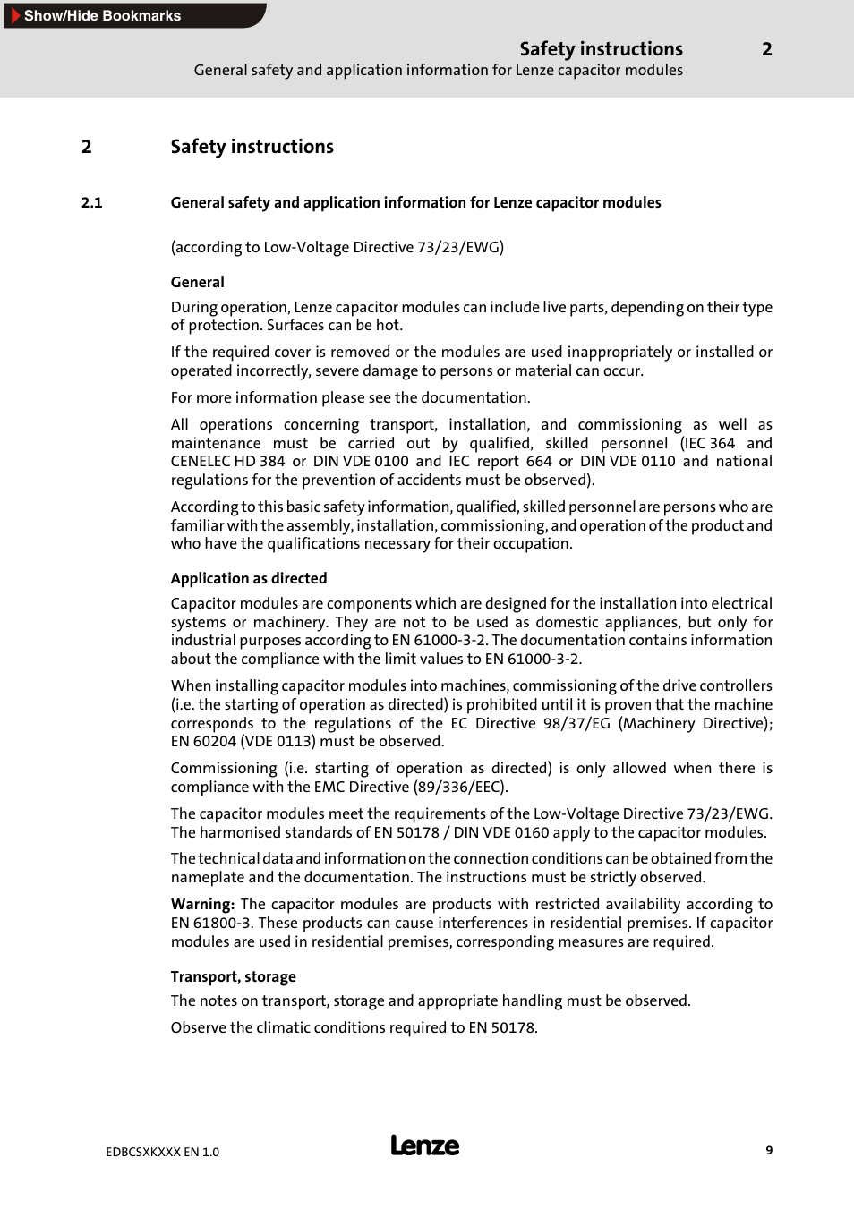 2 safety instructions, Safety instructions, 2safety instructions | Lenze ECSxK series User Manual | Page 9 / 40