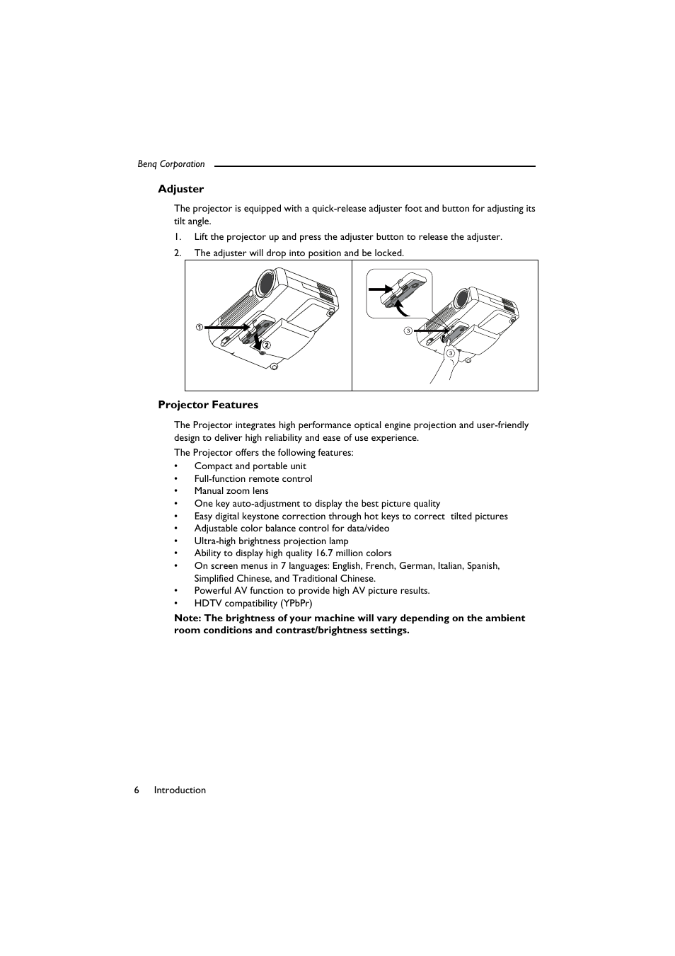 Adjuster, The adjuster will drop into position and be locked, Projector features | Adjuster projector features | BenQ SL 705X/S User Manual | Page 11 / 32