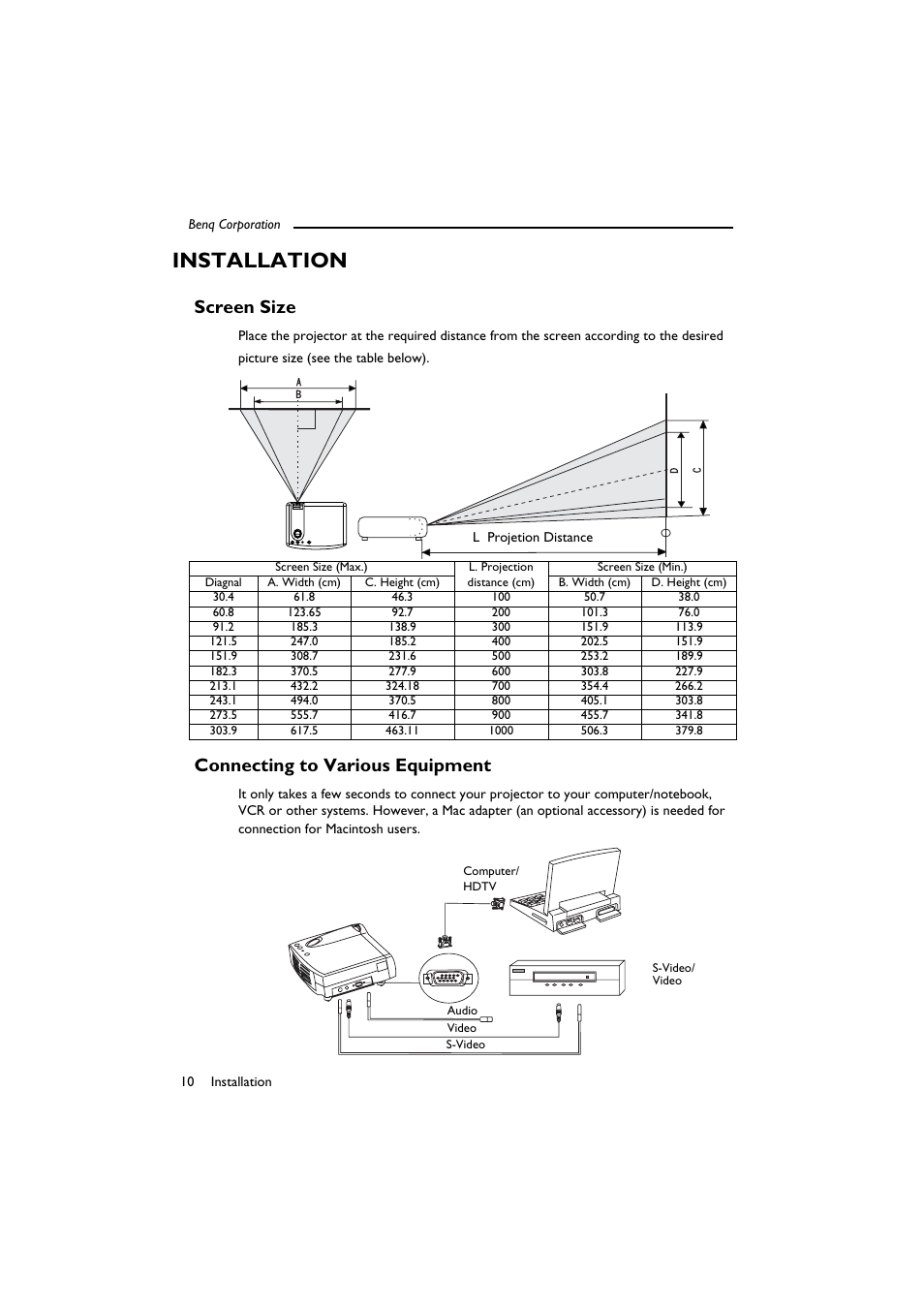 Installation, Screen size, Connecting to various equipment | Screen size connecting to various equipment | BenQ SL 705X/S User Manual | Page 15 / 32