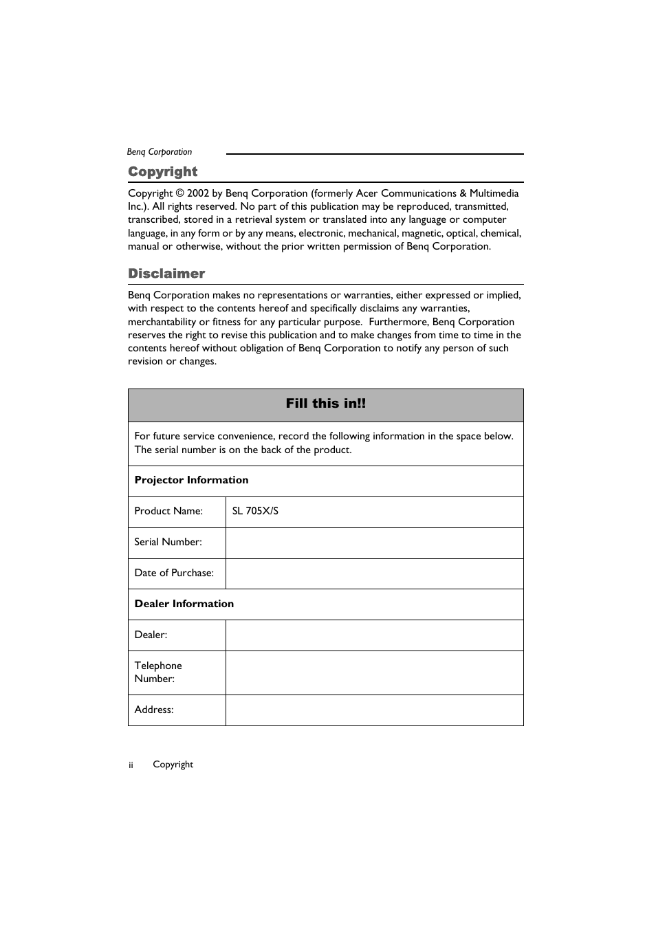Fill this in | BenQ SL 705X/S User Manual | Page 2 / 32