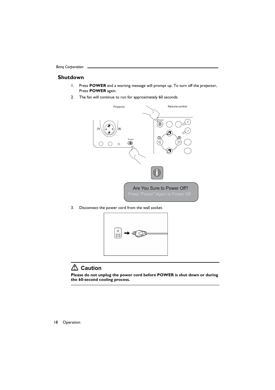 Shutdown, Disconnect the power cord from the wall socket, Caution | BenQ SL 705X/S User Manual | Page 23 / 32