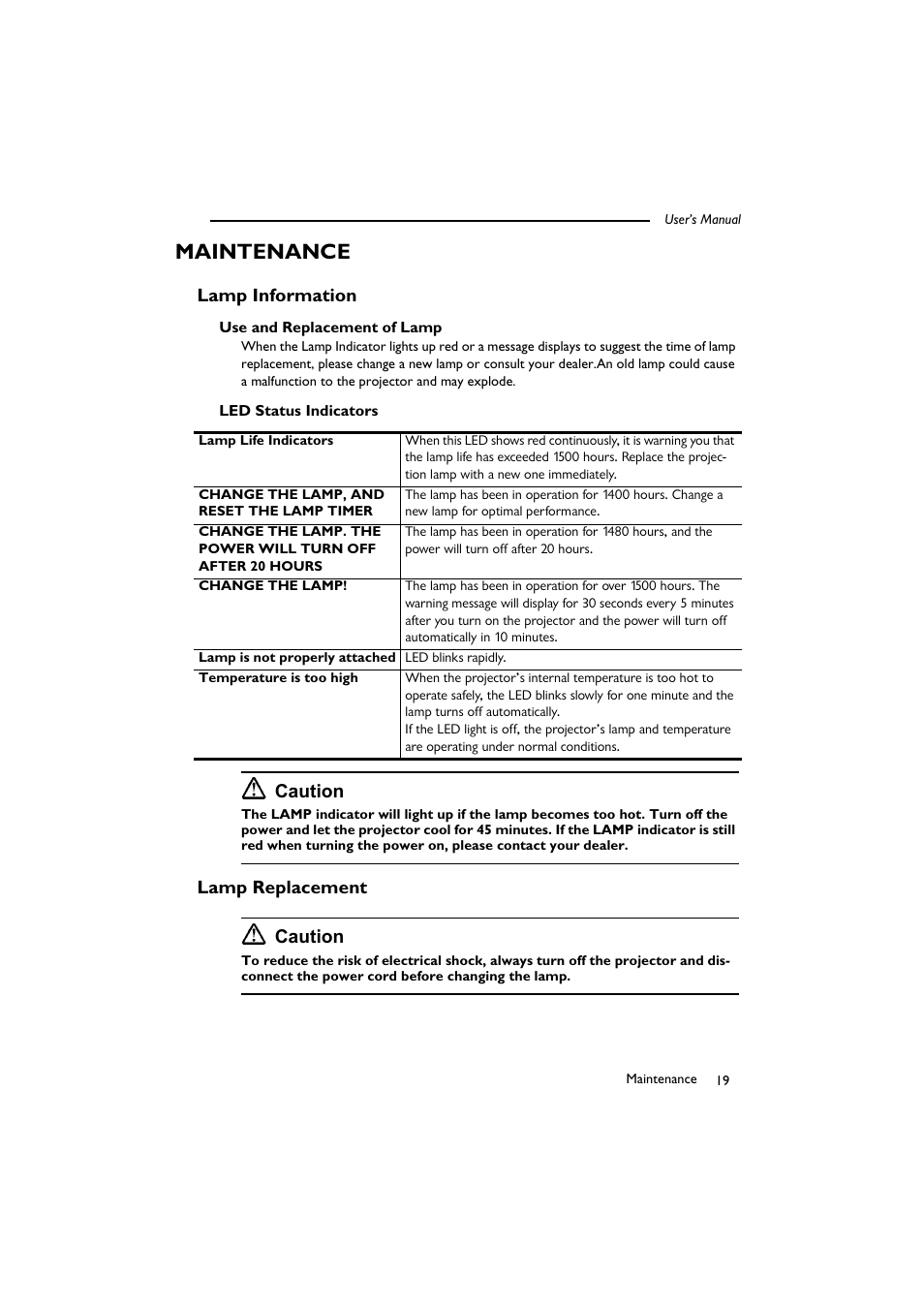Maintenance, Lamp information, Use and replacement of lamp | Led status indicators, Lamp replacement, Use and replacement of lamp led status indicators, Caution, Lamp replacement caution | BenQ SL 705X/S User Manual | Page 24 / 32