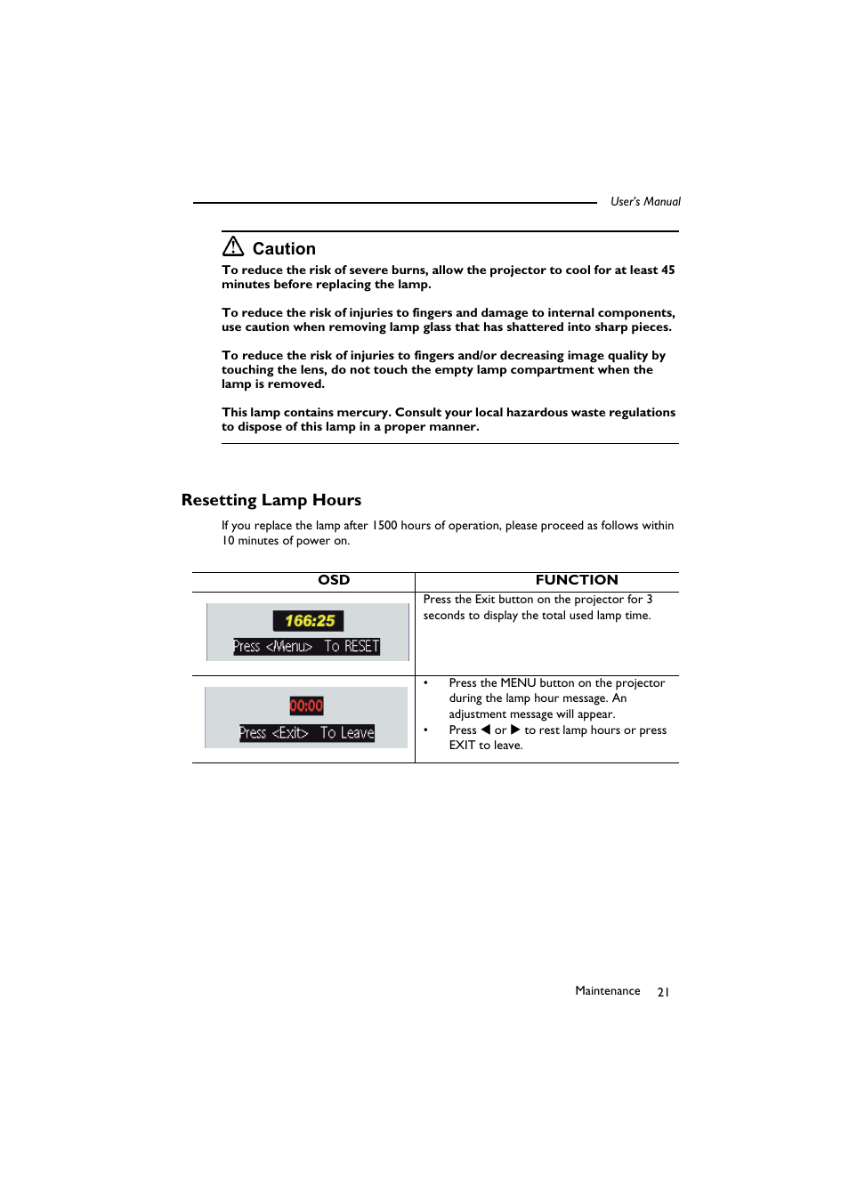 Resetting lamp hours, Function, Caution | BenQ SL 705X/S User Manual | Page 26 / 32