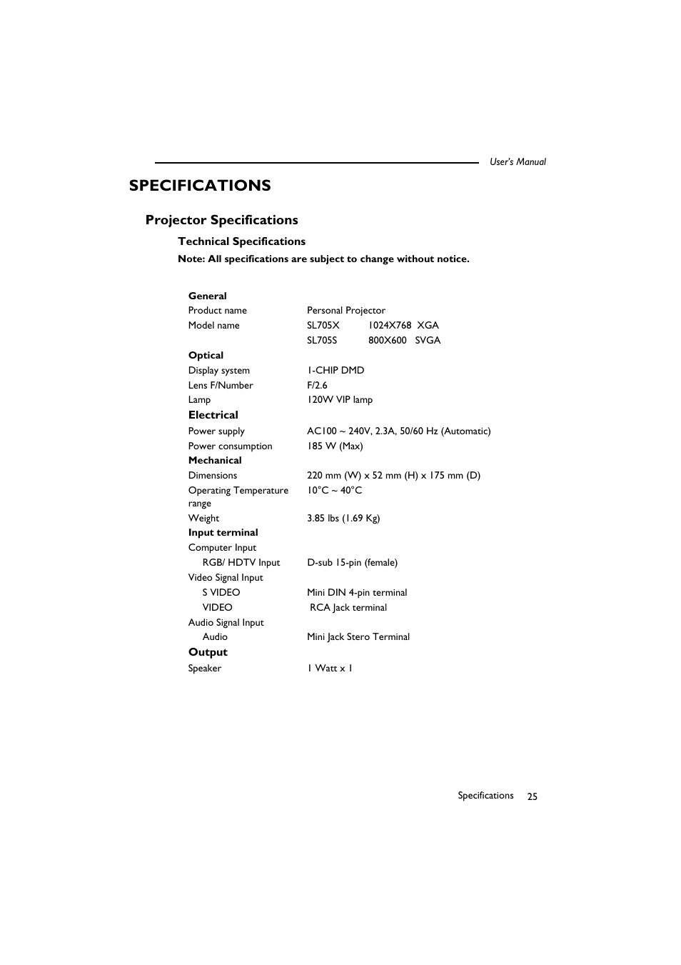 Specifications, Projector specifications, Technical specifications | BenQ SL 705X/S User Manual | Page 30 / 32