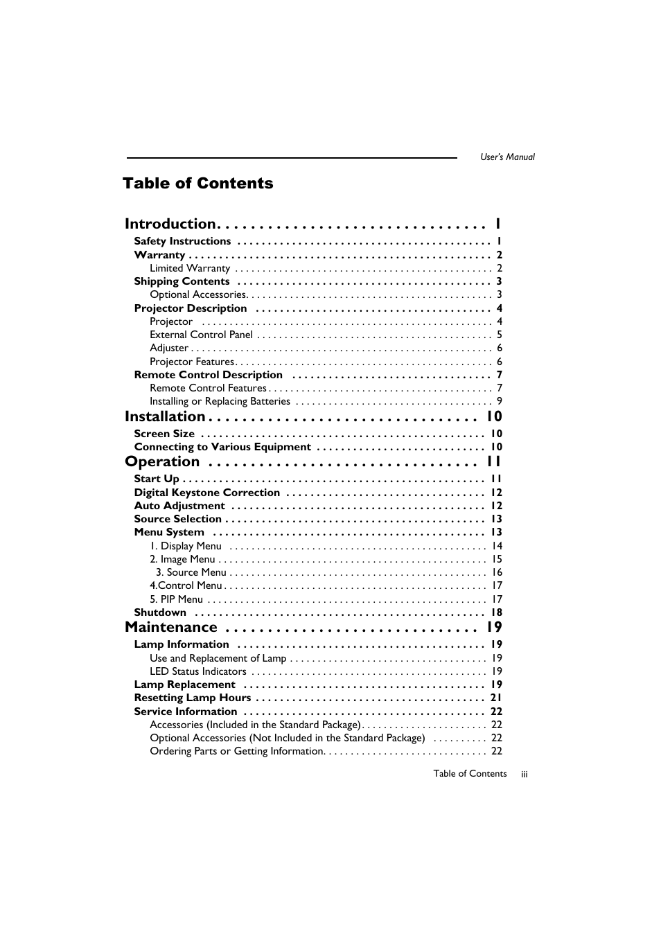 Introduction 1, Installation 10, Operation 11 | Maintenance 19, Table of contents introduction, Installation, Operation, Maintenance | BenQ SL 705X/S User Manual | Page 4 / 32