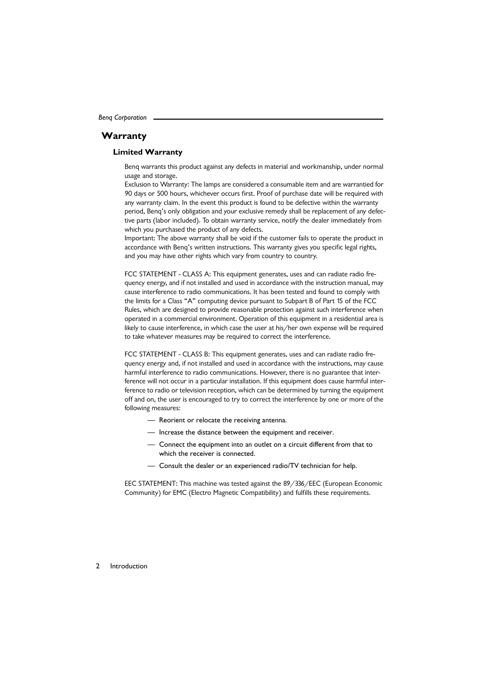 Warranty, Limited warranty | BenQ SL 705X/S User Manual | Page 7 / 32