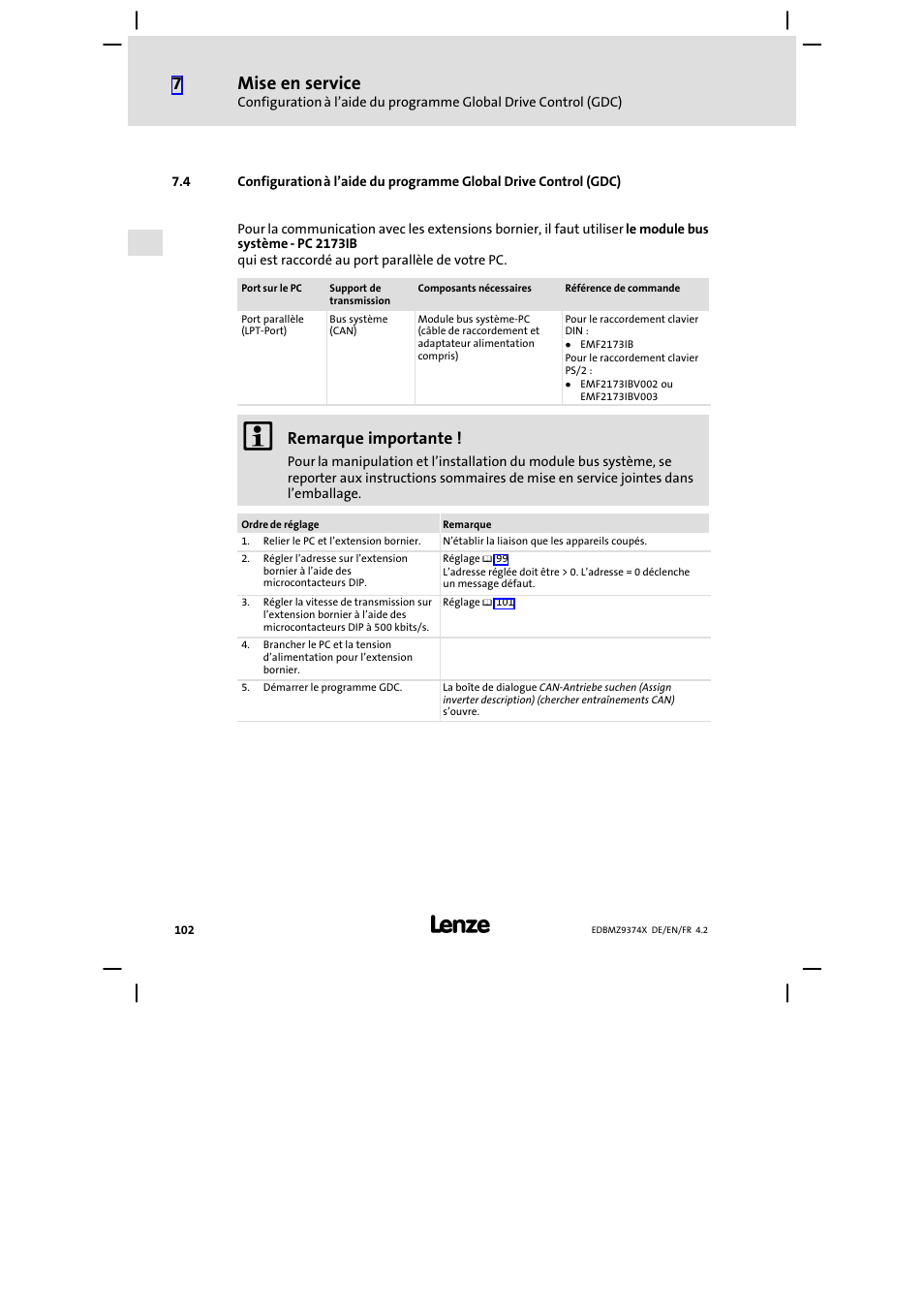 Mise en service, Remarque importante | Lenze EMZ9374IB User Manual | Page 102 / 122