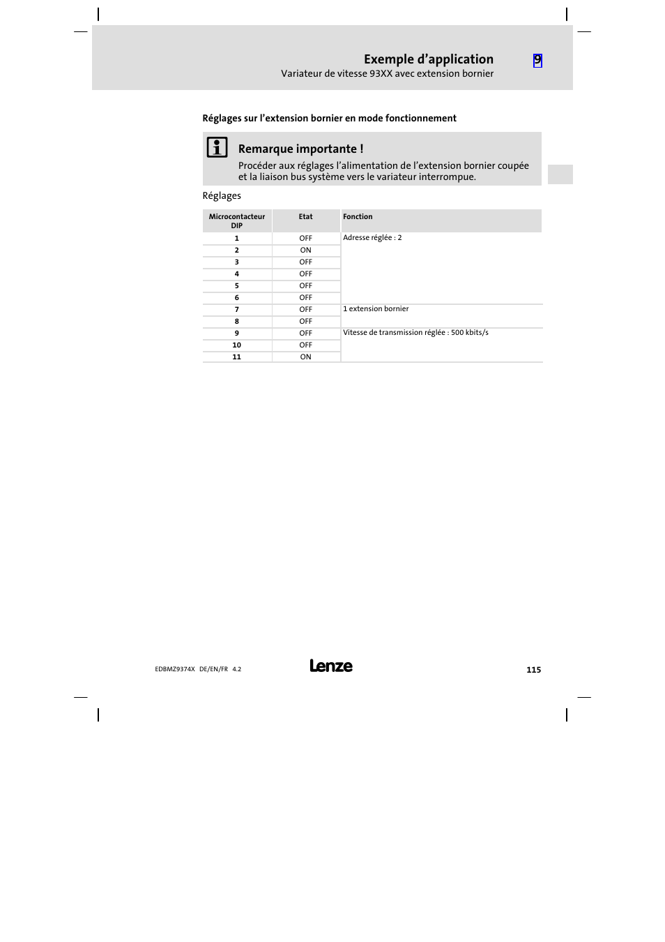 Exemple d’application, Remarque importante | Lenze EMZ9374IB User Manual | Page 115 / 122