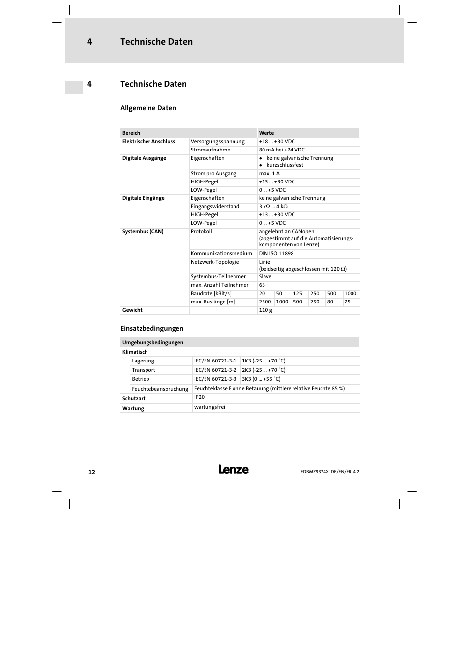 4 technische daten, Technische daten, Technische daten 4 | 4technische daten | Lenze EMZ9374IB User Manual | Page 12 / 122