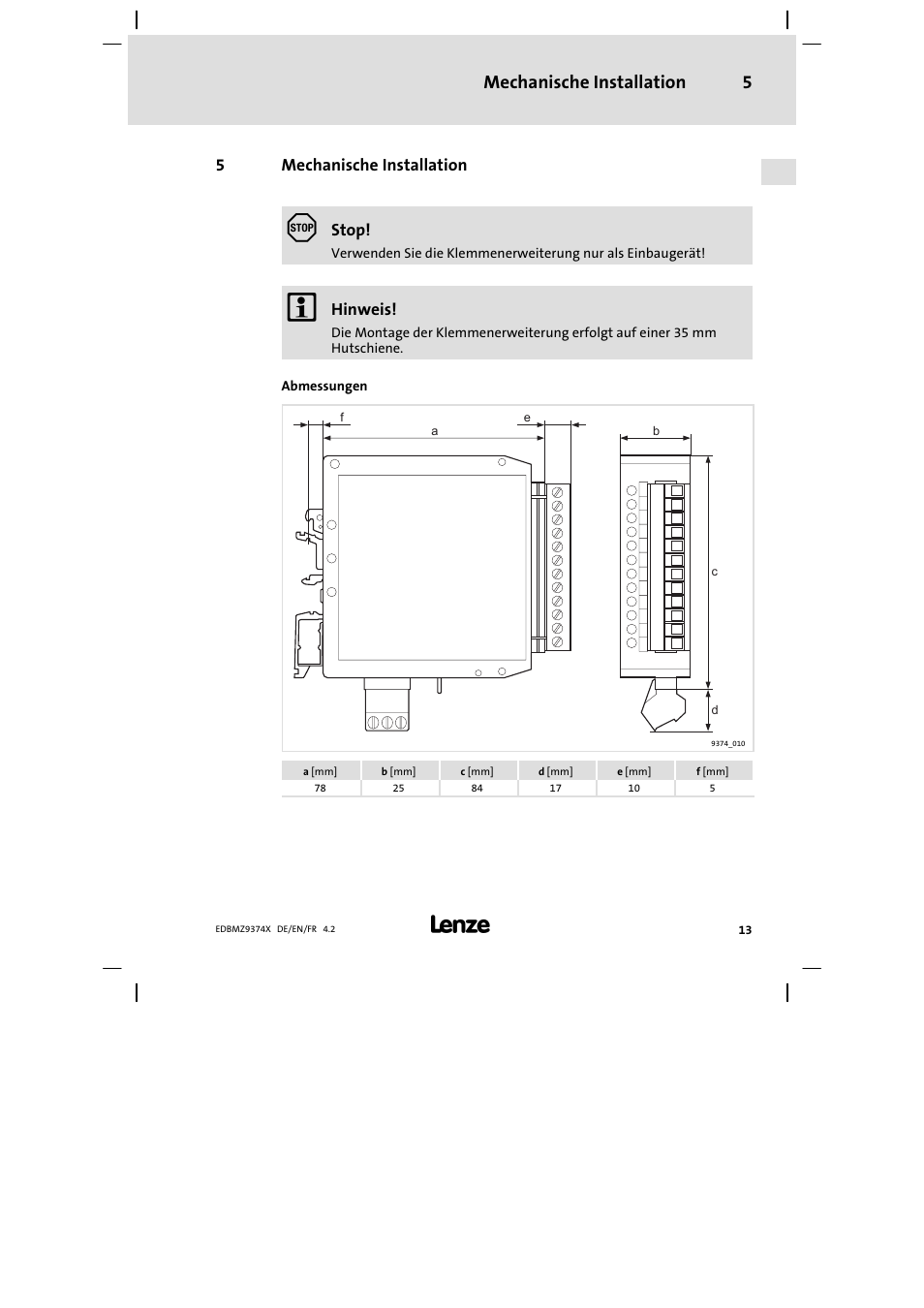 5 mechanische installation, Mechanische installation, Mechanische installation 5 | Lenze EMZ9374IB User Manual | Page 13 / 122