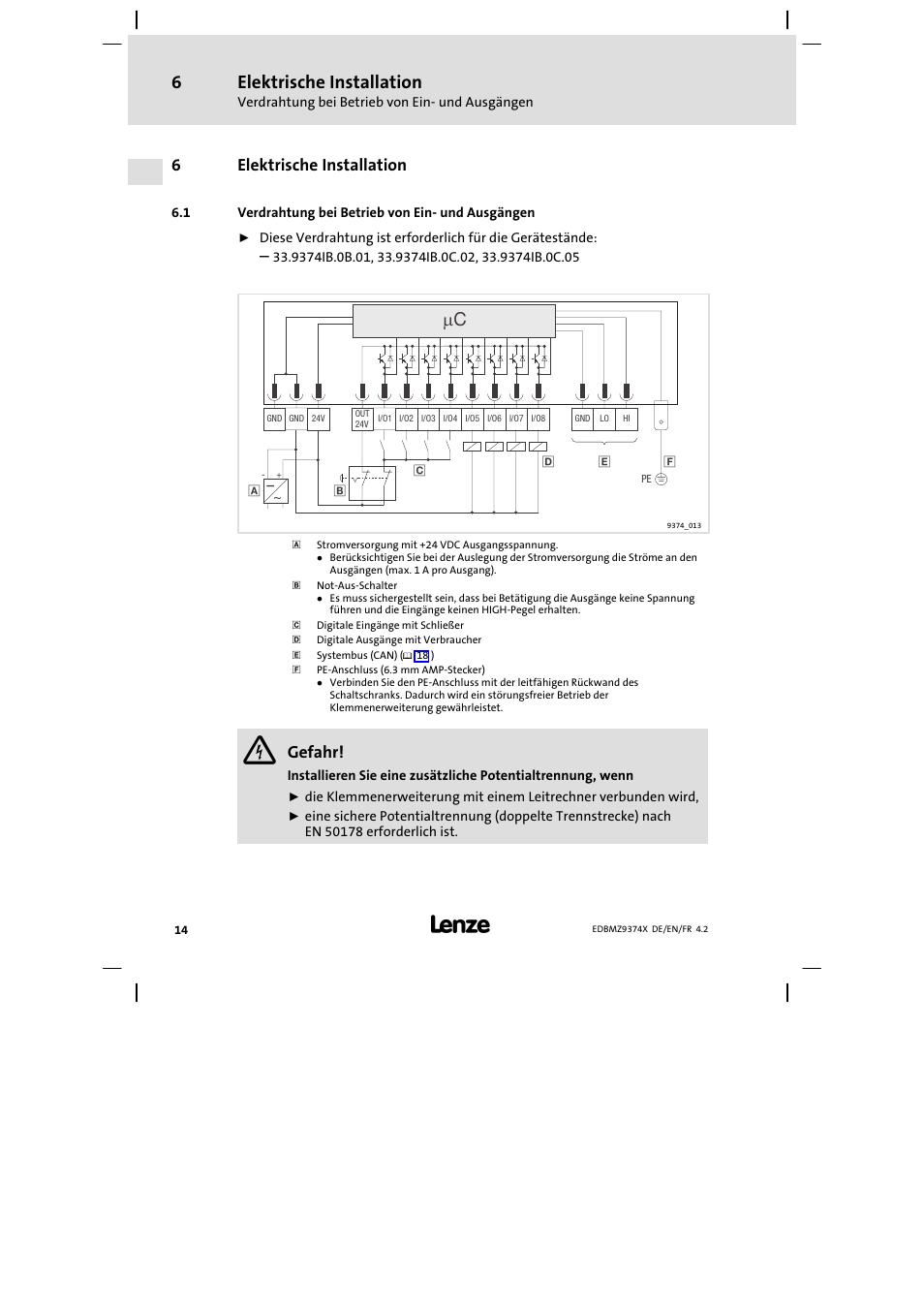 6 elektrische installation, 1 verdrahtung bei betrieb von ein- und ausgängen, Elektrische installation | Verdrahtung bei betrieb von ein− und ausgängen, 6elektrische installation, Gefahr | Lenze EMZ9374IB User Manual | Page 14 / 122