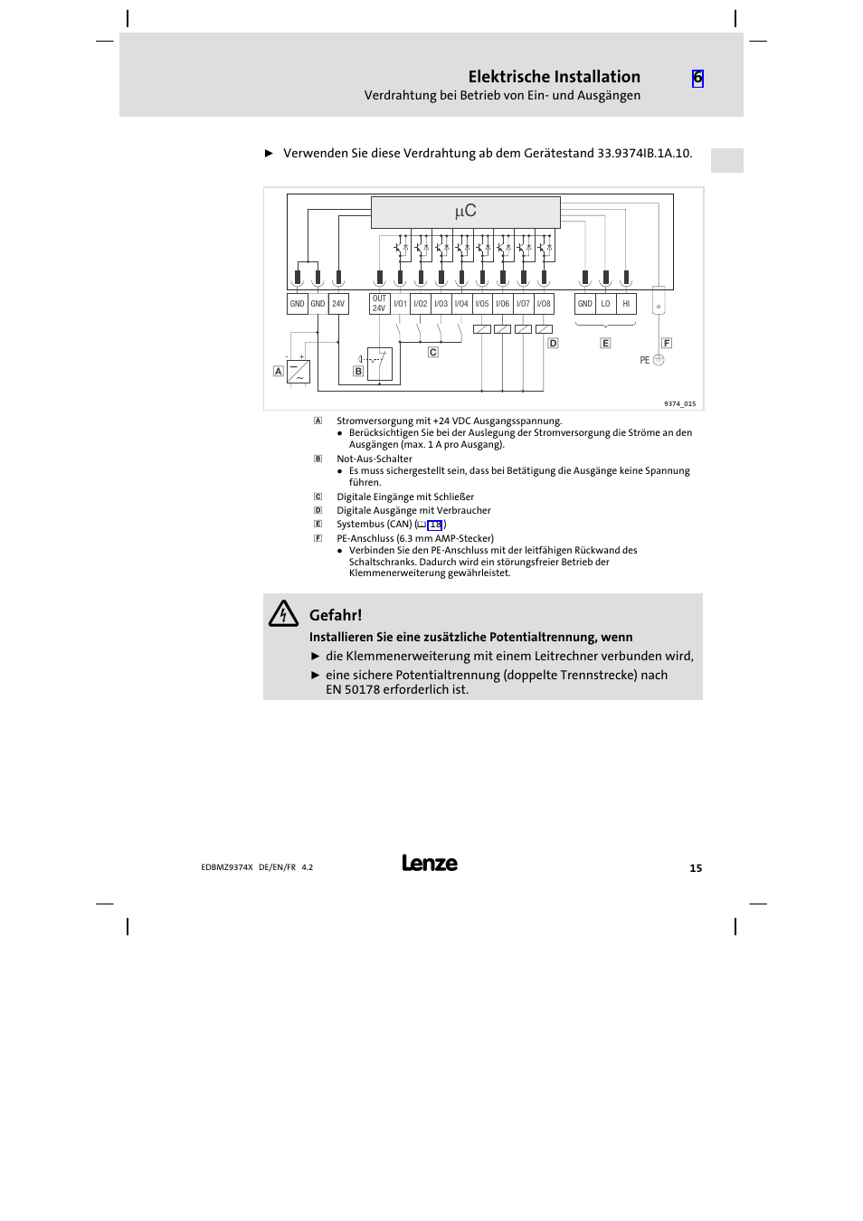 Elektrische installation, Gefahr | Lenze EMZ9374IB User Manual | Page 15 / 122